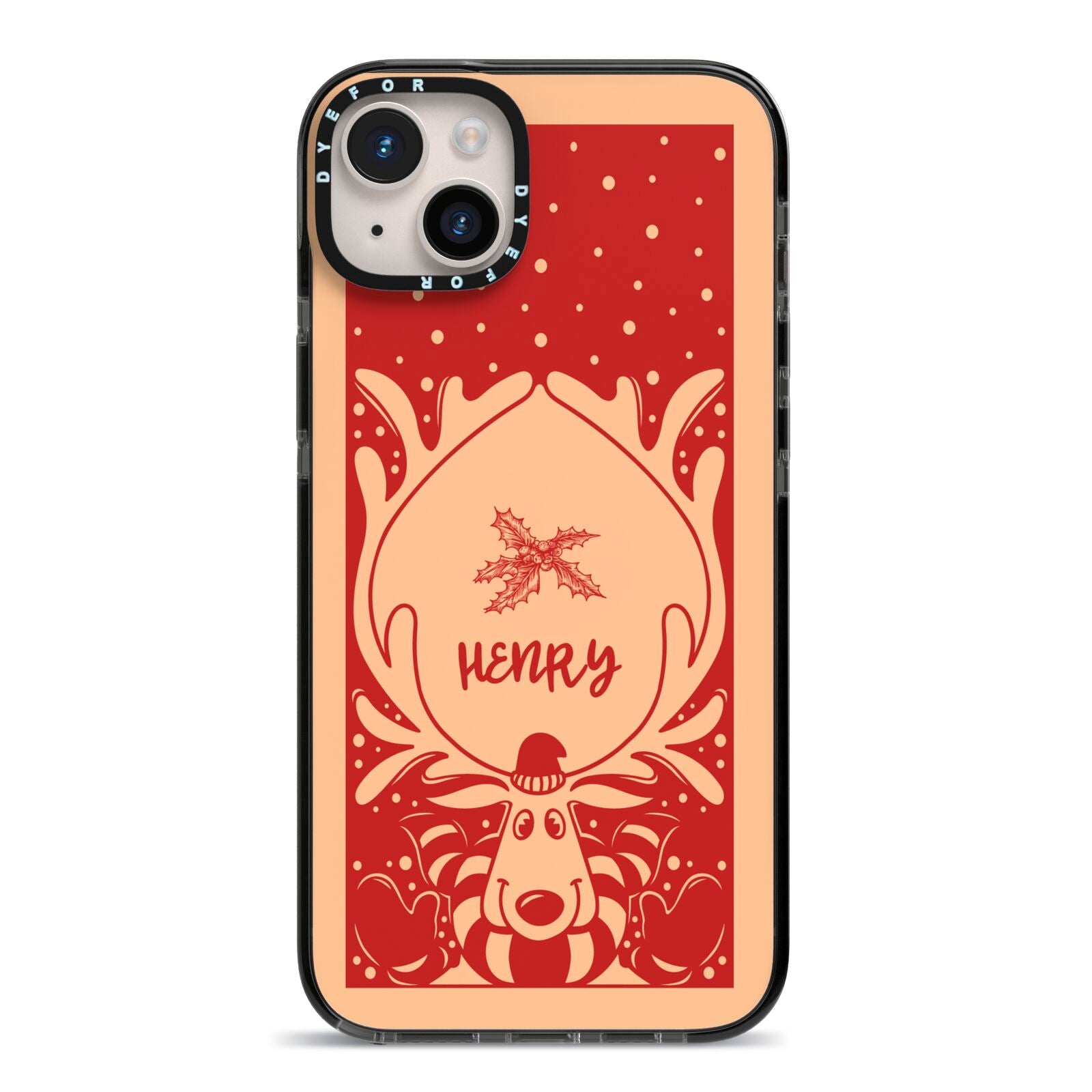 Red Personalised Rudolph iPhone 14 Plus Black Impact Case on Silver phone