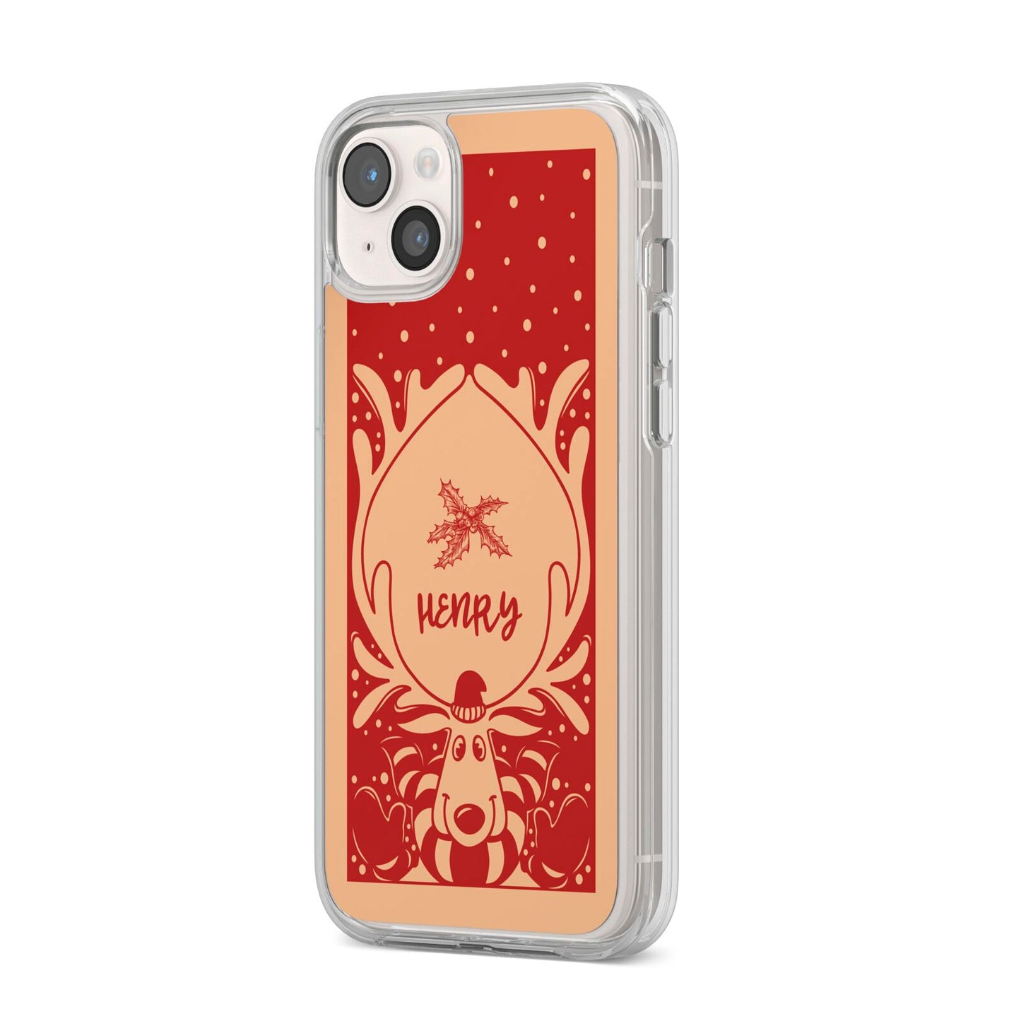 Red Personalised Rudolph iPhone 14 Plus Clear Tough Case Starlight Angled Image