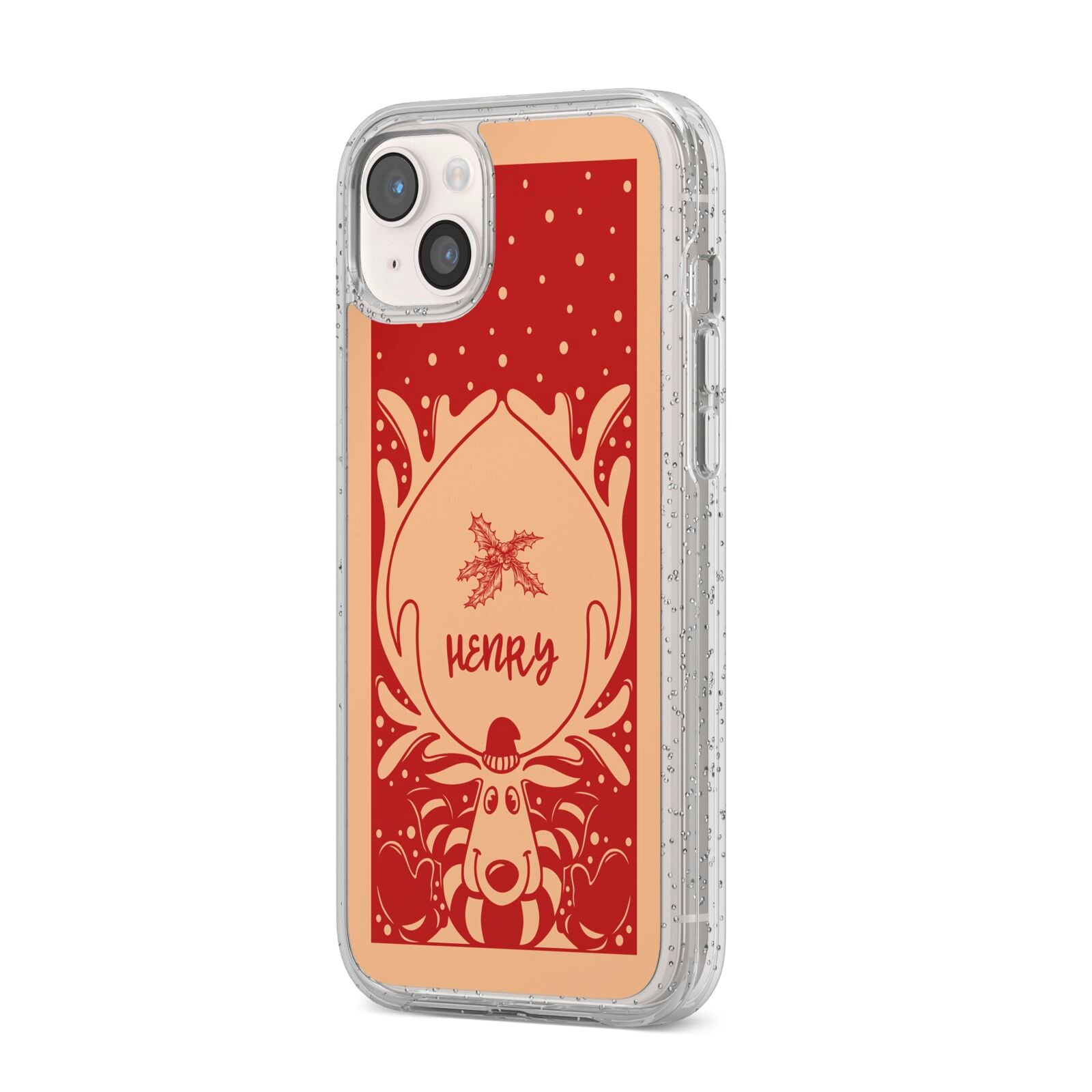 Red Personalised Rudolph iPhone 14 Plus Glitter Tough Case Starlight Angled Image