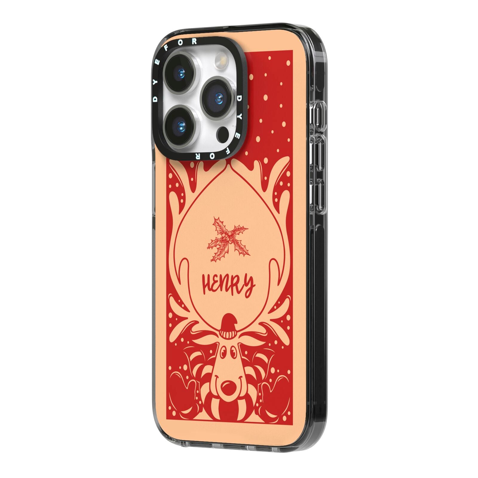 Red Personalised Rudolph iPhone 14 Pro Black Impact Case Side Angle on Silver phone