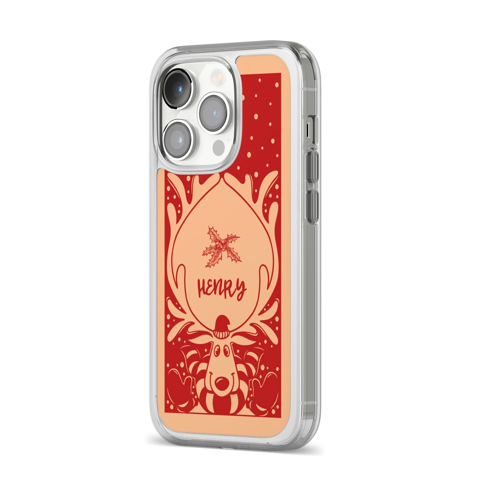 Red Personalised Rudolph iPhone 14 Pro Clear Tough Case Silver Angled Image