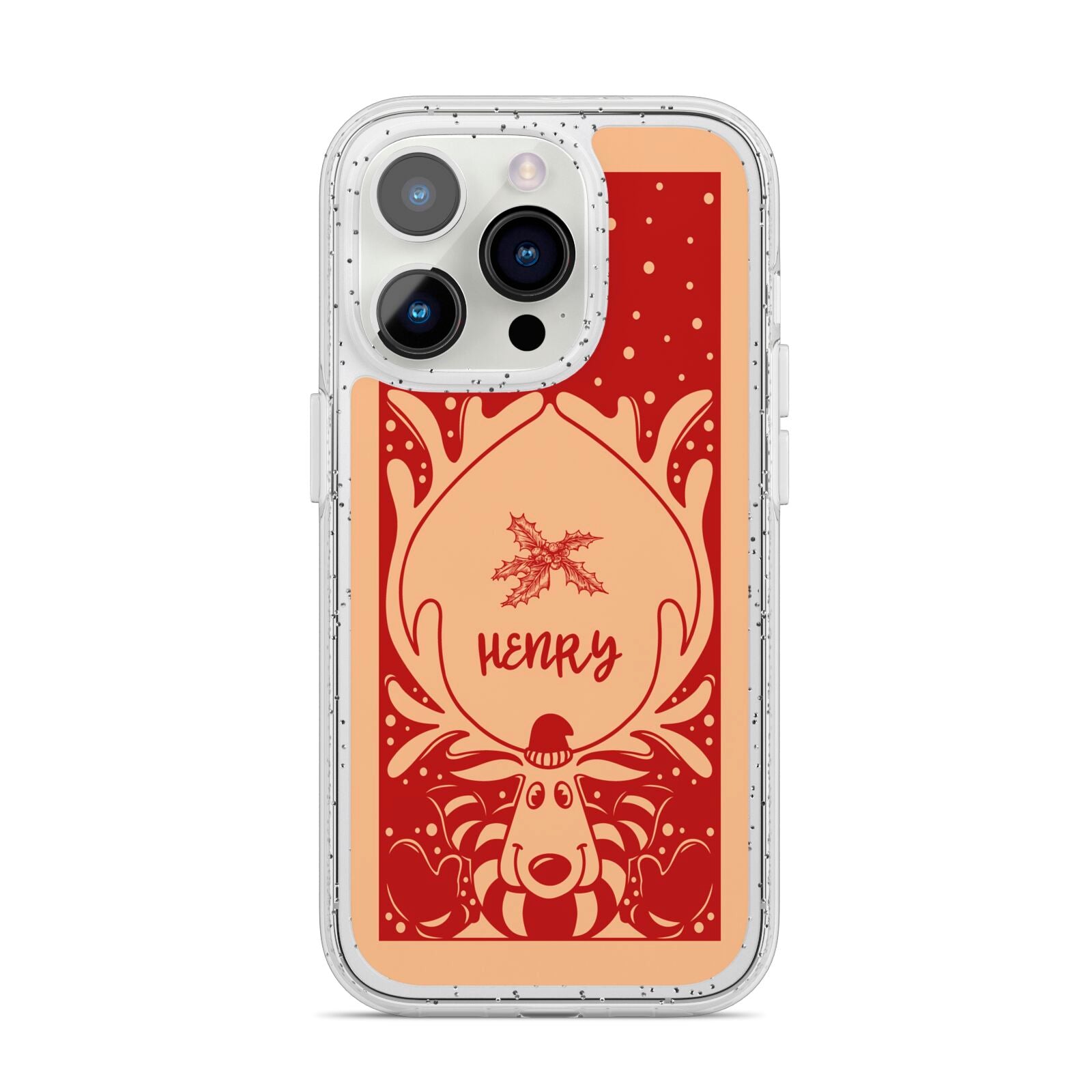 Red Personalised Rudolph iPhone 14 Pro Glitter Tough Case Silver