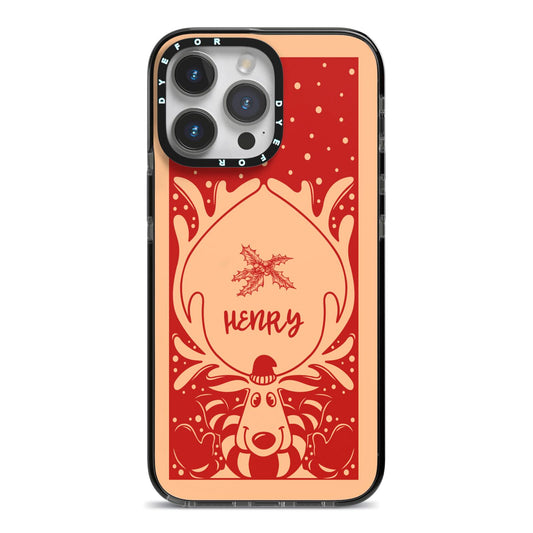 Red Personalised Rudolph iPhone 14 Pro Max Black Impact Case on Silver phone