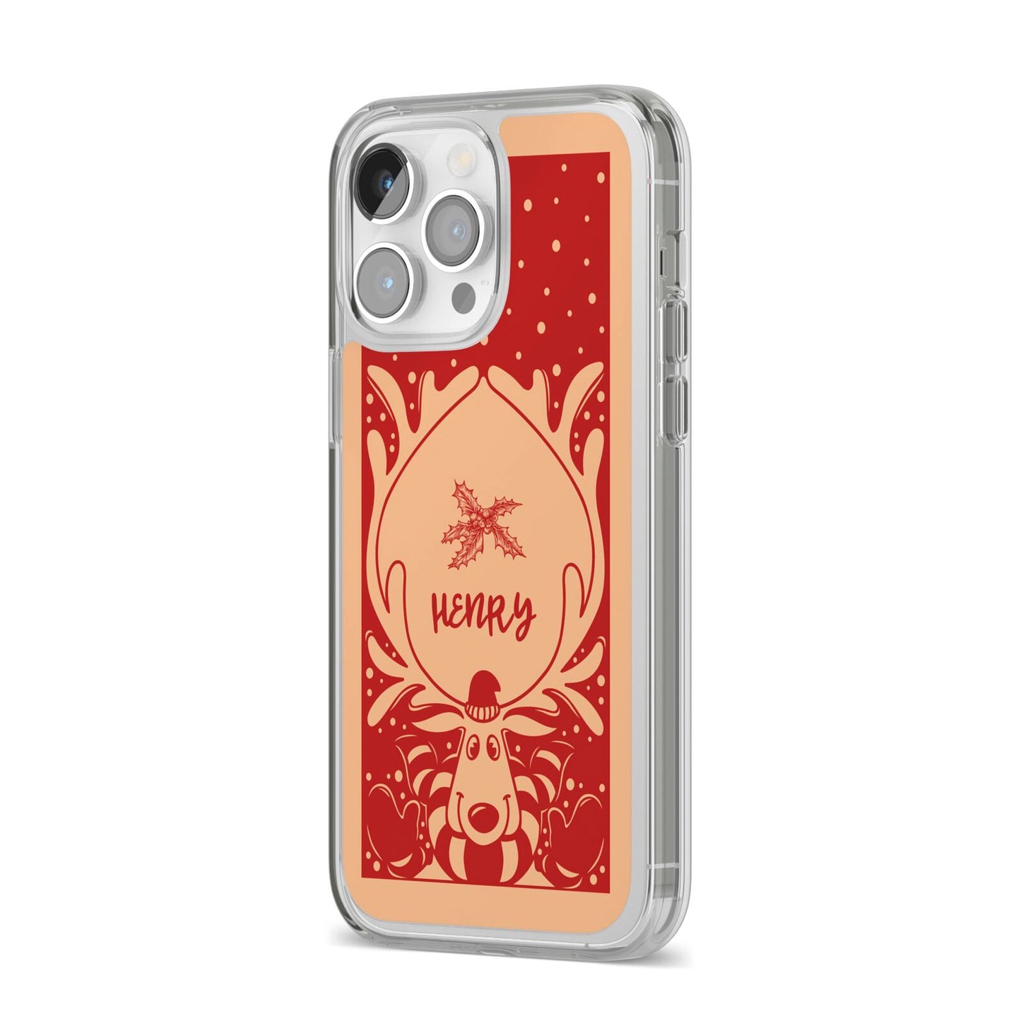 Red Personalised Rudolph iPhone 14 Pro Max Clear Tough Case Silver Angled Image