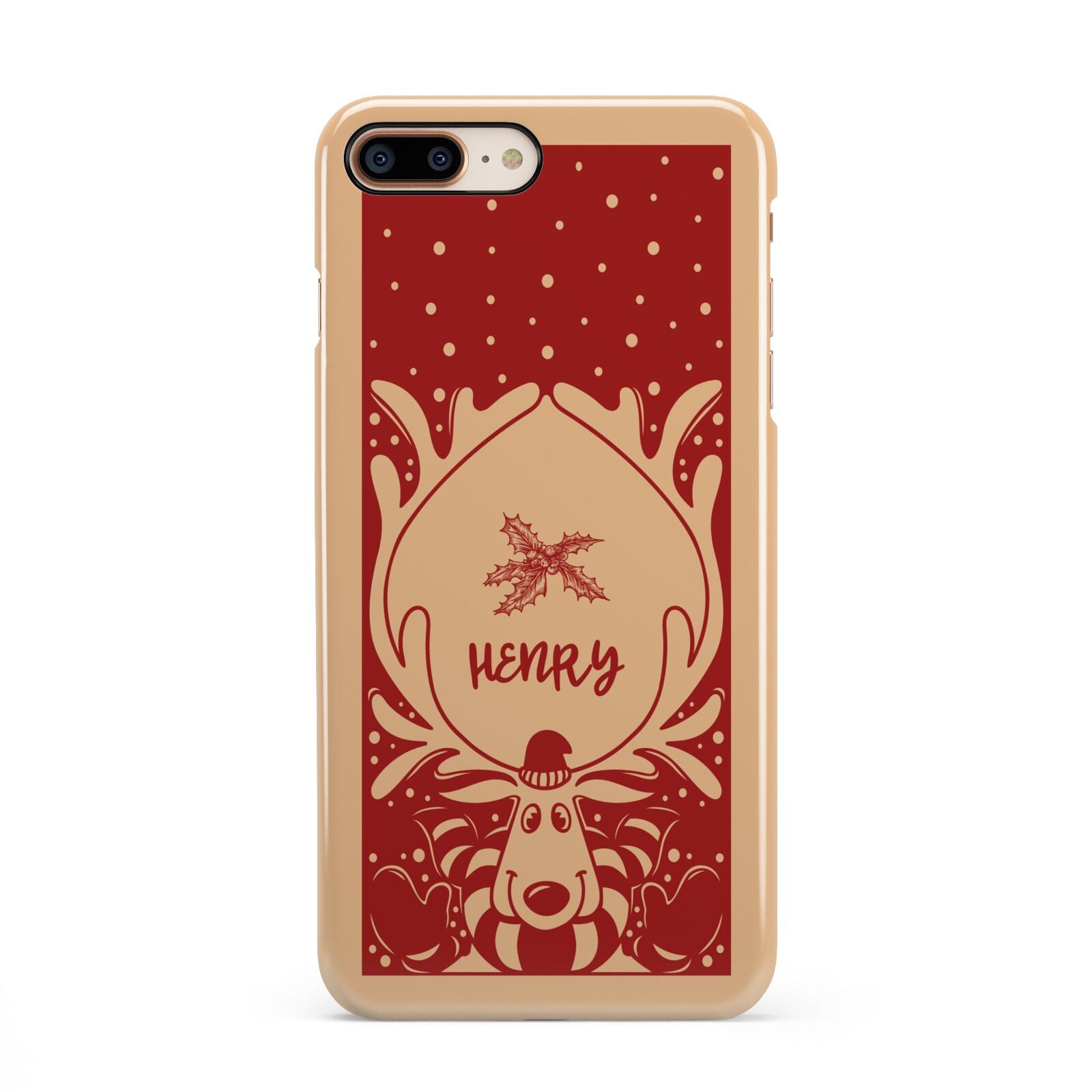 Red Personalised Rudolph iPhone 8 Plus 3D Snap Case on Gold Phone