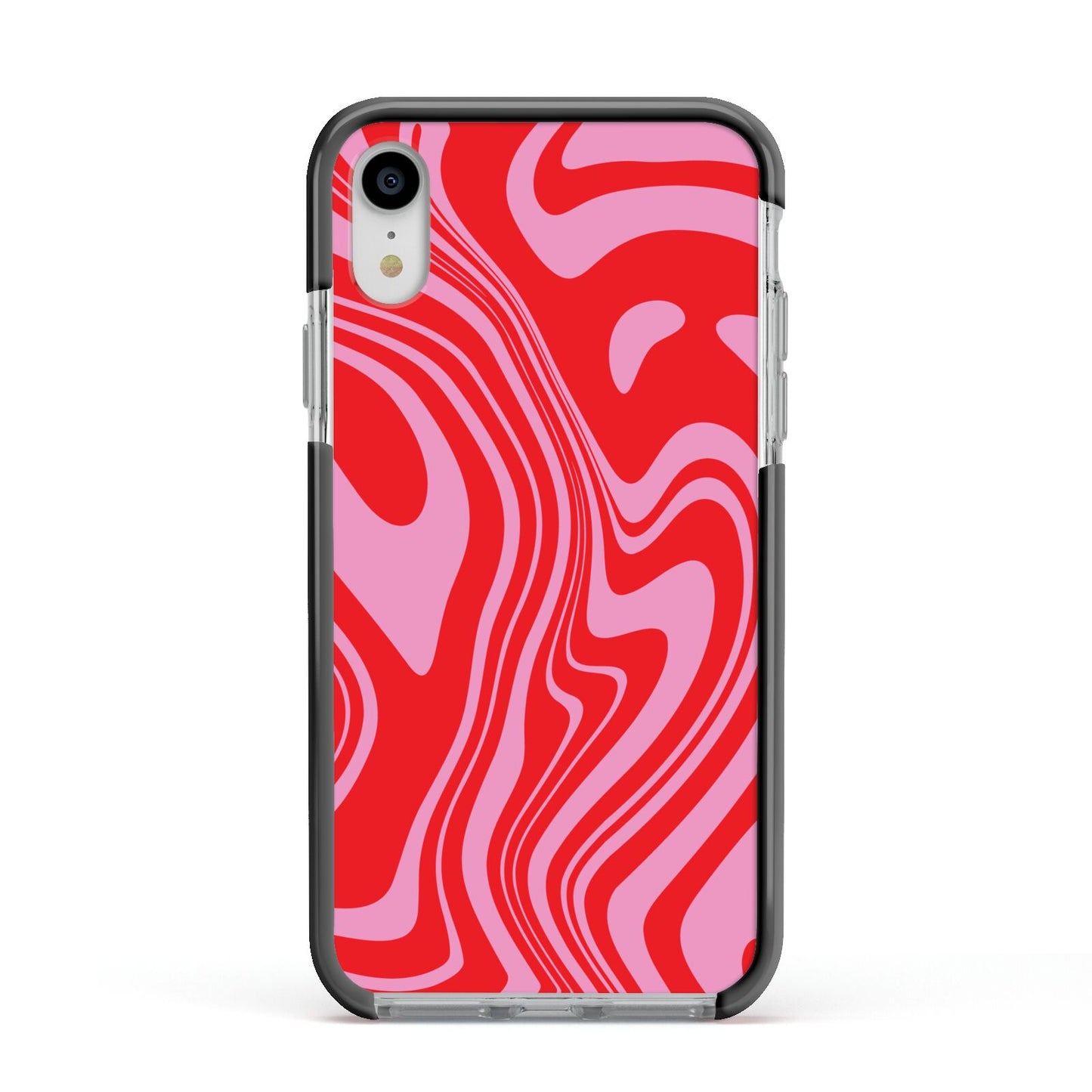 Red Swirl Apple iPhone XR Impact Case Black Edge on Silver Phone