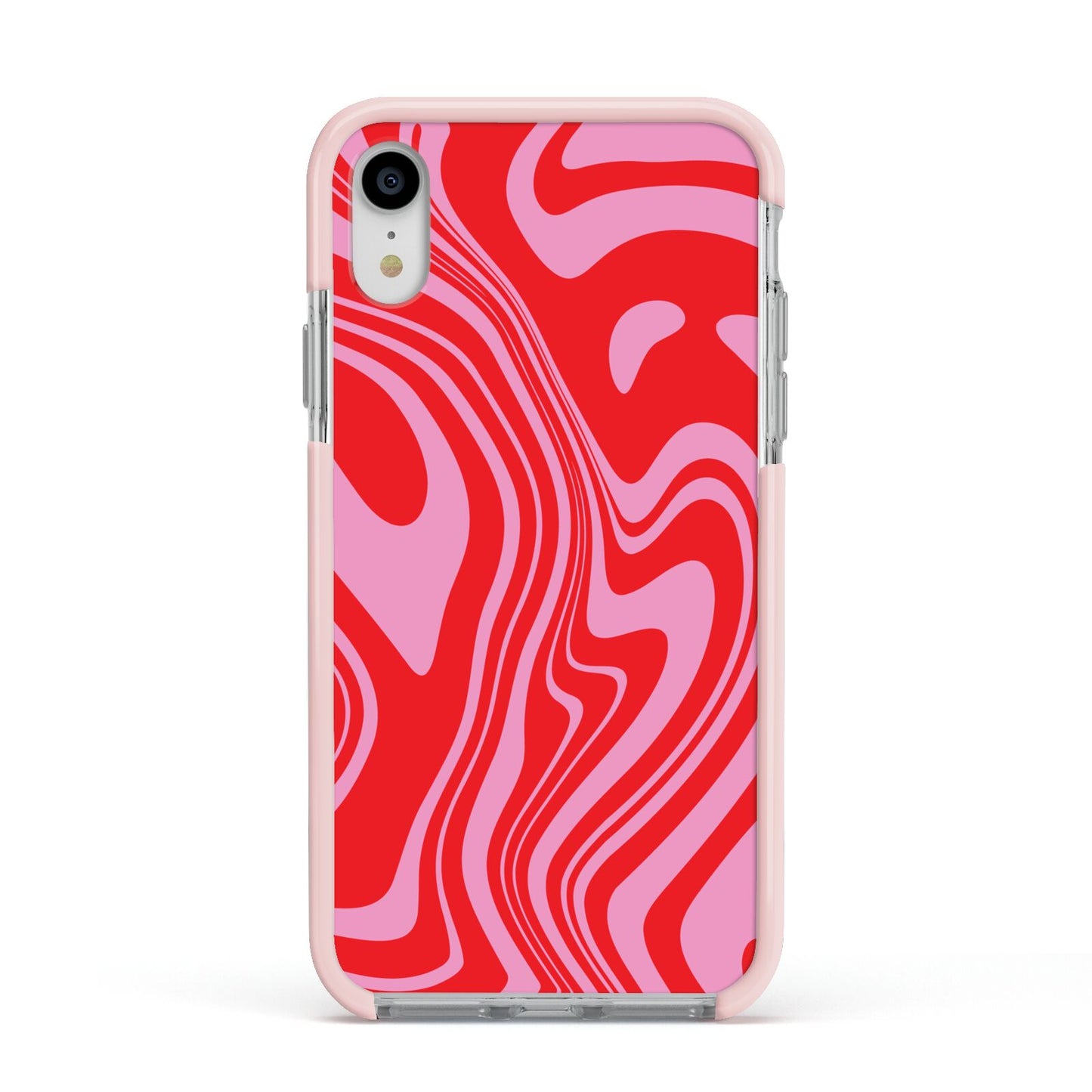 Red Swirl Apple iPhone XR Impact Case Pink Edge on Silver Phone