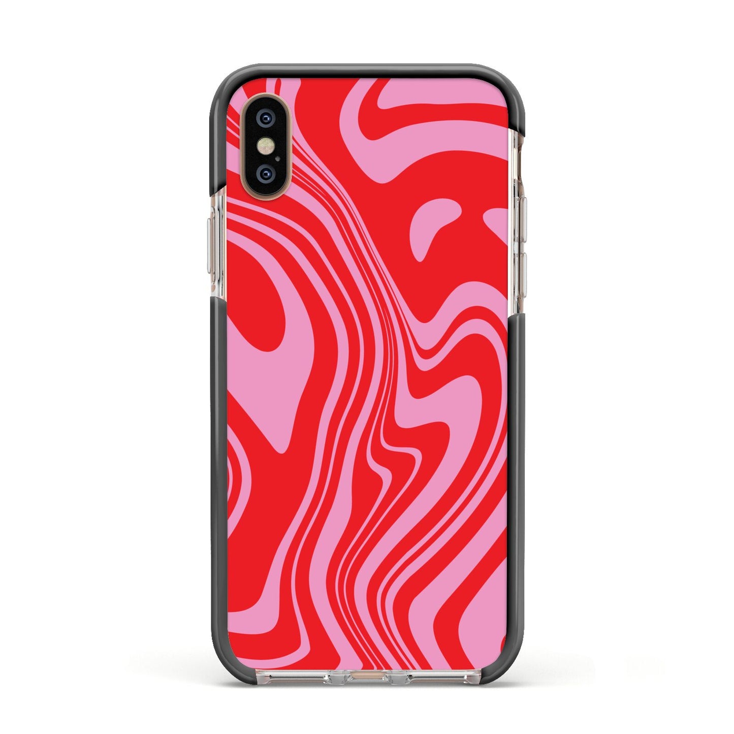 Red Swirl Apple iPhone Xs Impact Case Black Edge on Gold Phone