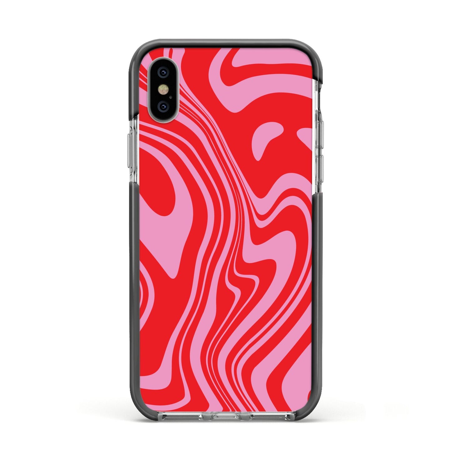 Red Swirl Apple iPhone Xs Impact Case Black Edge on Silver Phone