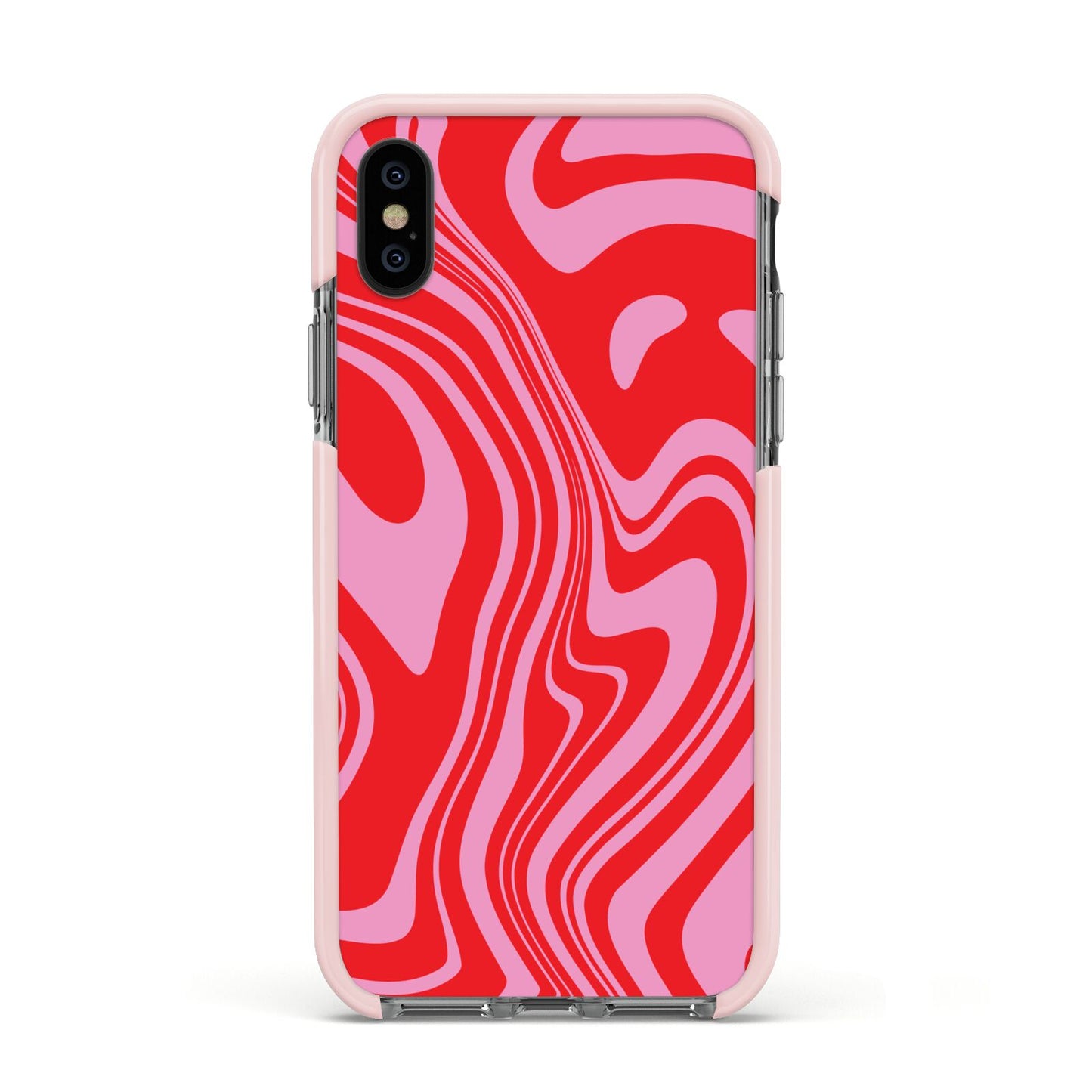 Red Swirl Apple iPhone Xs Impact Case Pink Edge on Black Phone