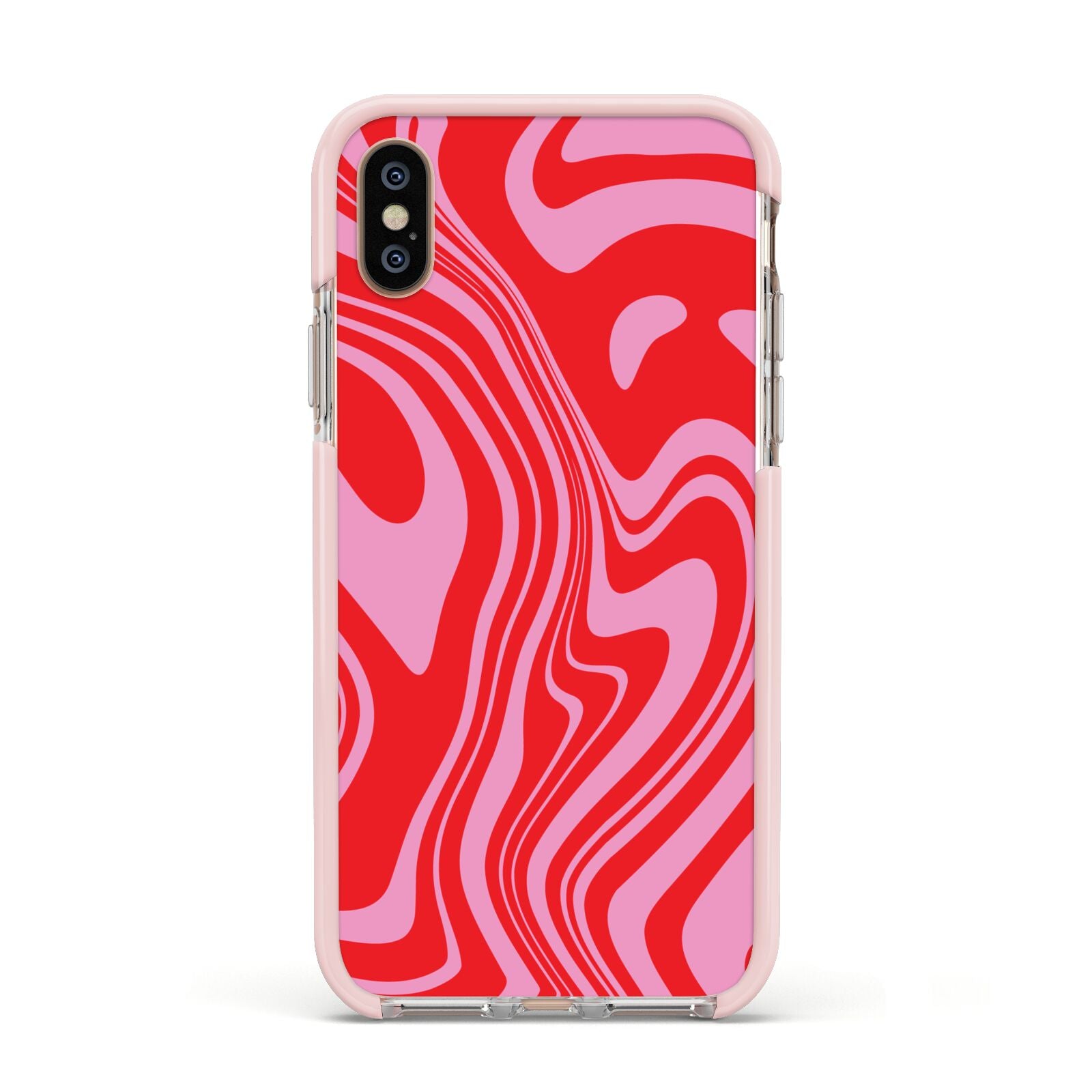 Red Swirl Apple iPhone Xs Impact Case Pink Edge on Gold Phone