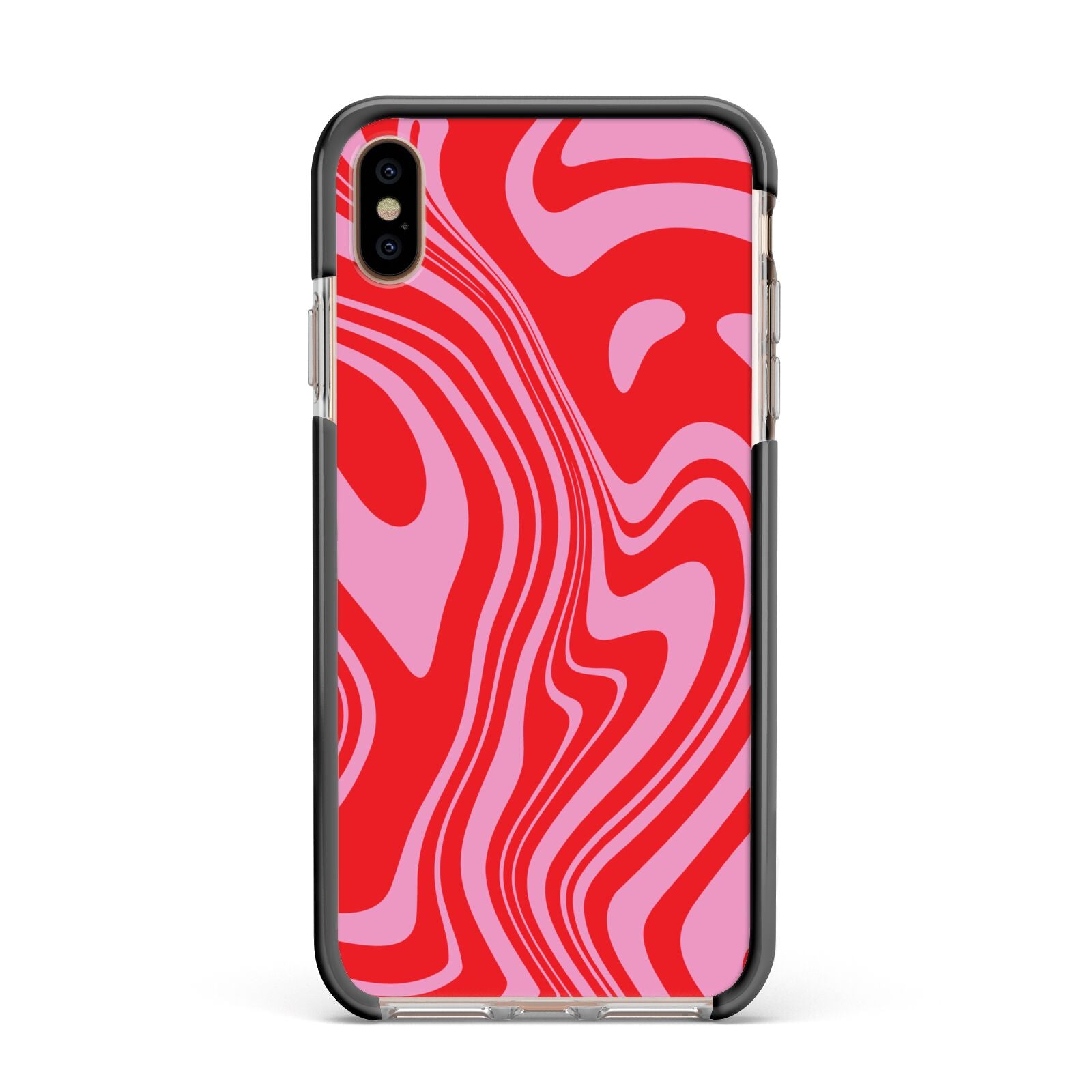 Red Swirl Apple iPhone Xs Max Impact Case Black Edge on Gold Phone