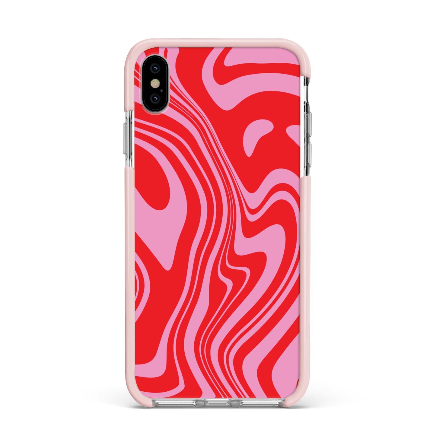 Red Swirl Apple iPhone Xs Max Impact Case Pink Edge on Silver Phone