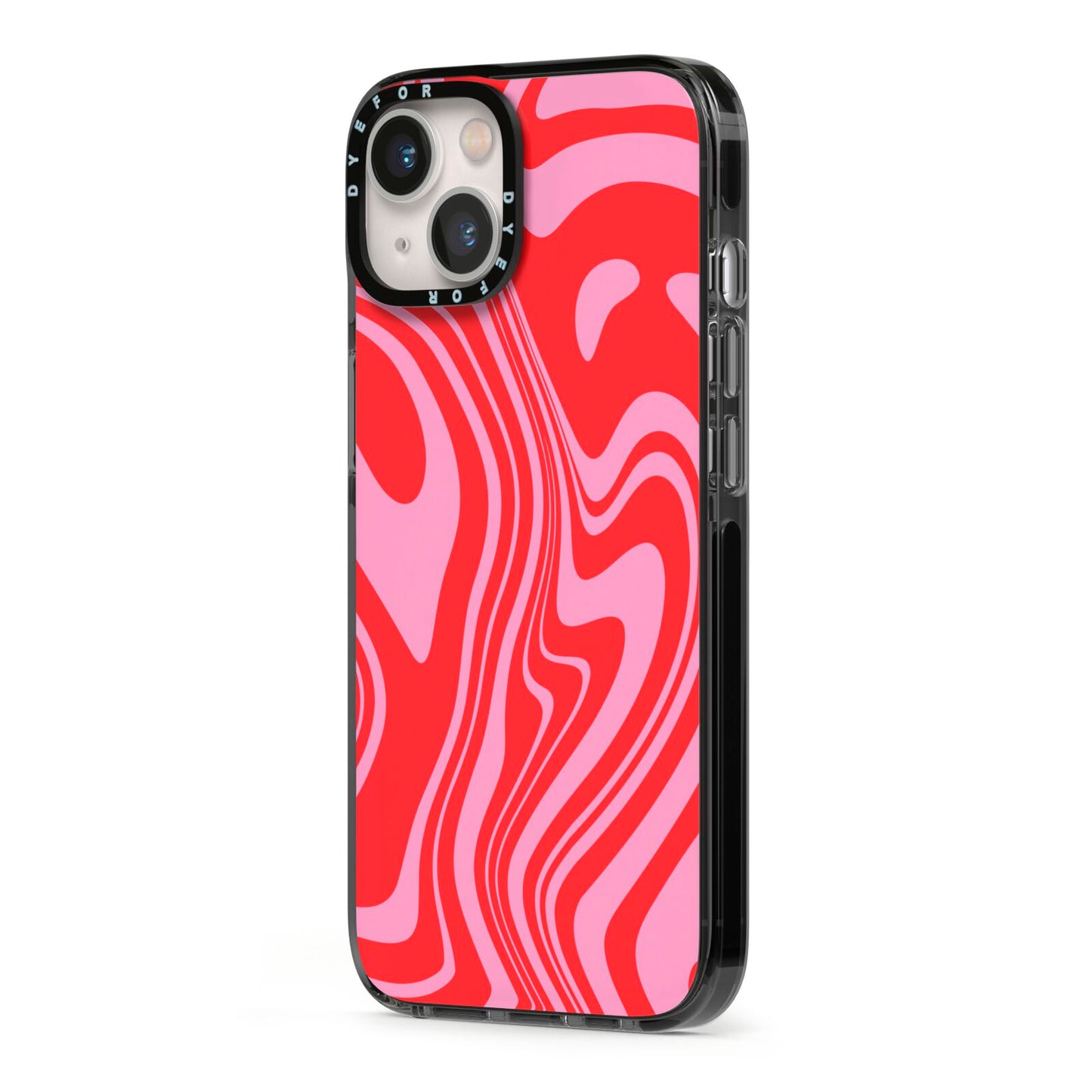 Red Swirl iPhone 13 Black Impact Case Side Angle on Silver phone