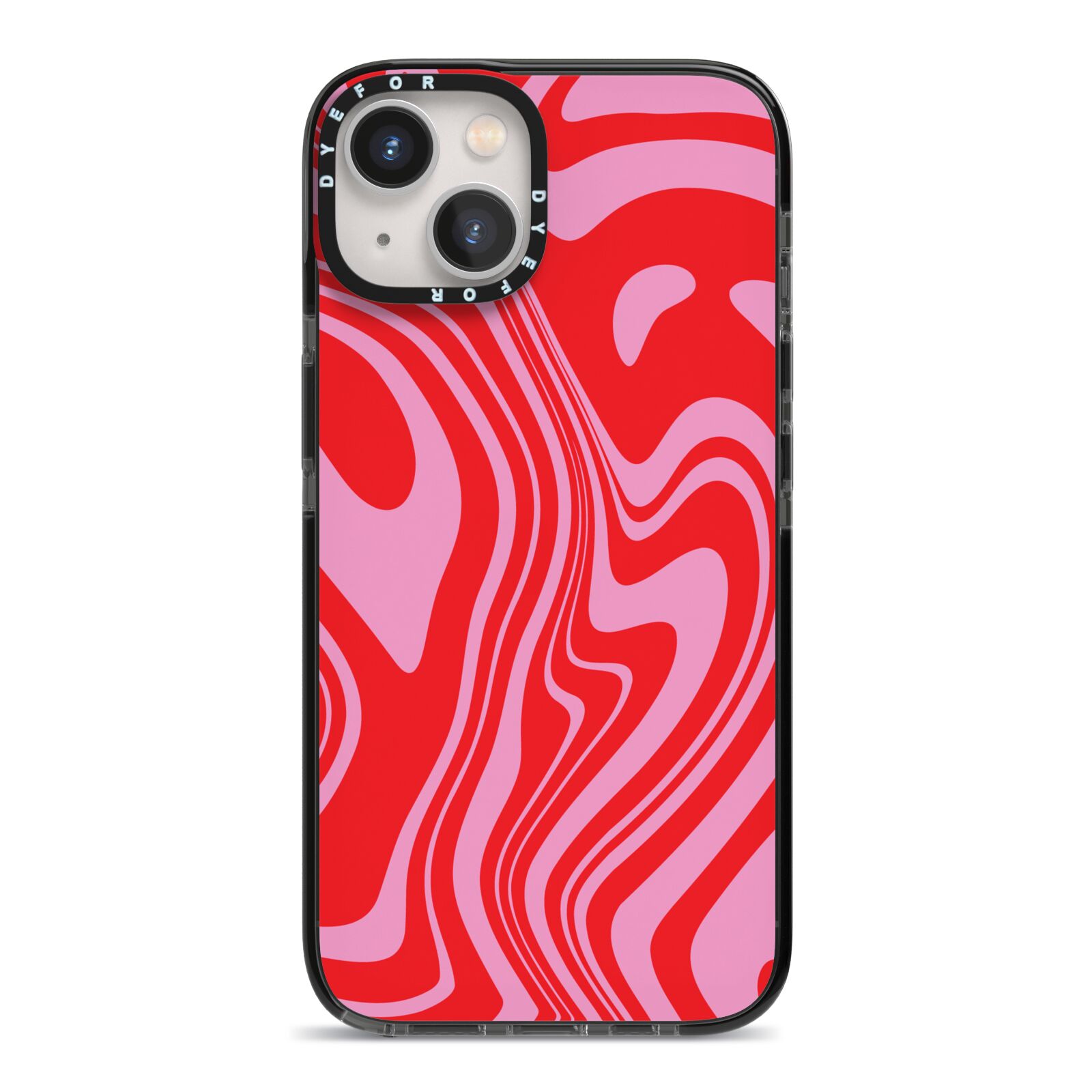 Red Swirl iPhone 13 Black Impact Case on Silver phone