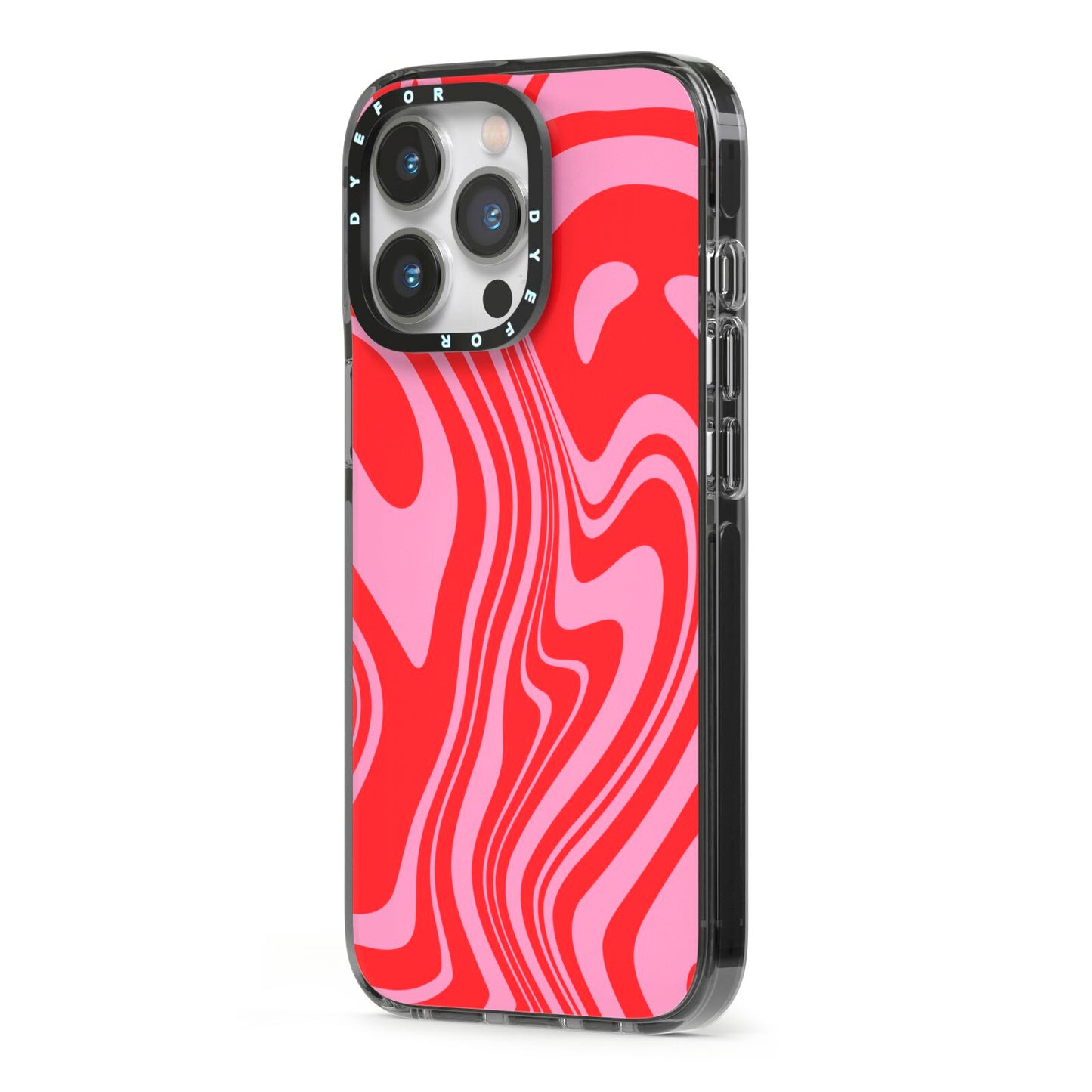 Red Swirl iPhone 13 Pro Black Impact Case Side Angle on Silver phone