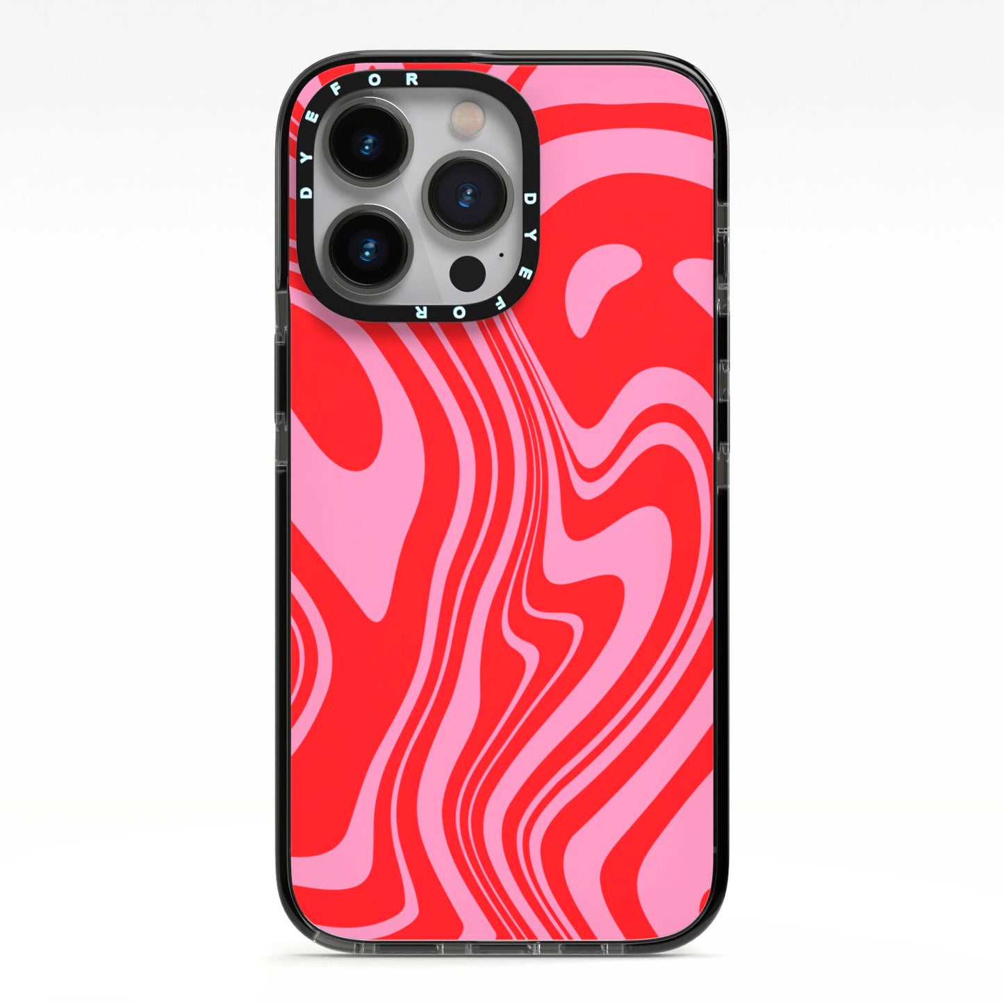 Red Swirl iPhone 13 Pro Black Impact Case on Silver phone