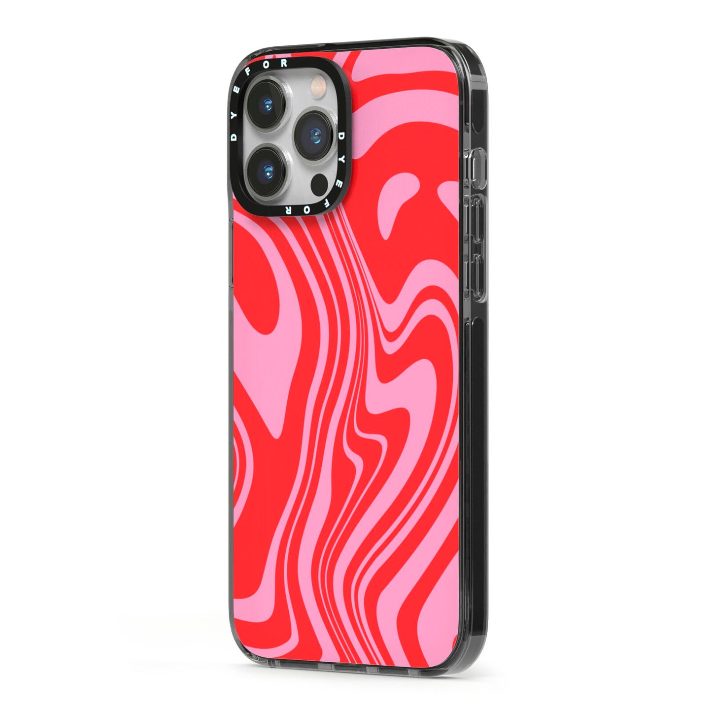 Red Swirl iPhone 13 Pro Max Black Impact Case Side Angle on Silver phone