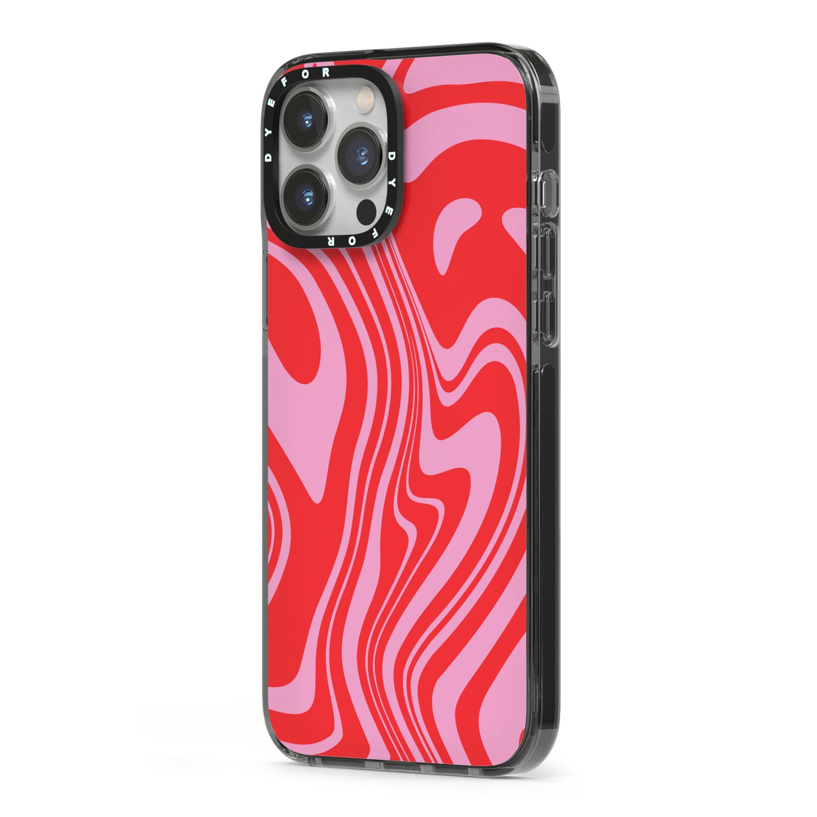 Red Swirl iPhone 13 Pro Max Black Impact Case Side Angle on Silver phone