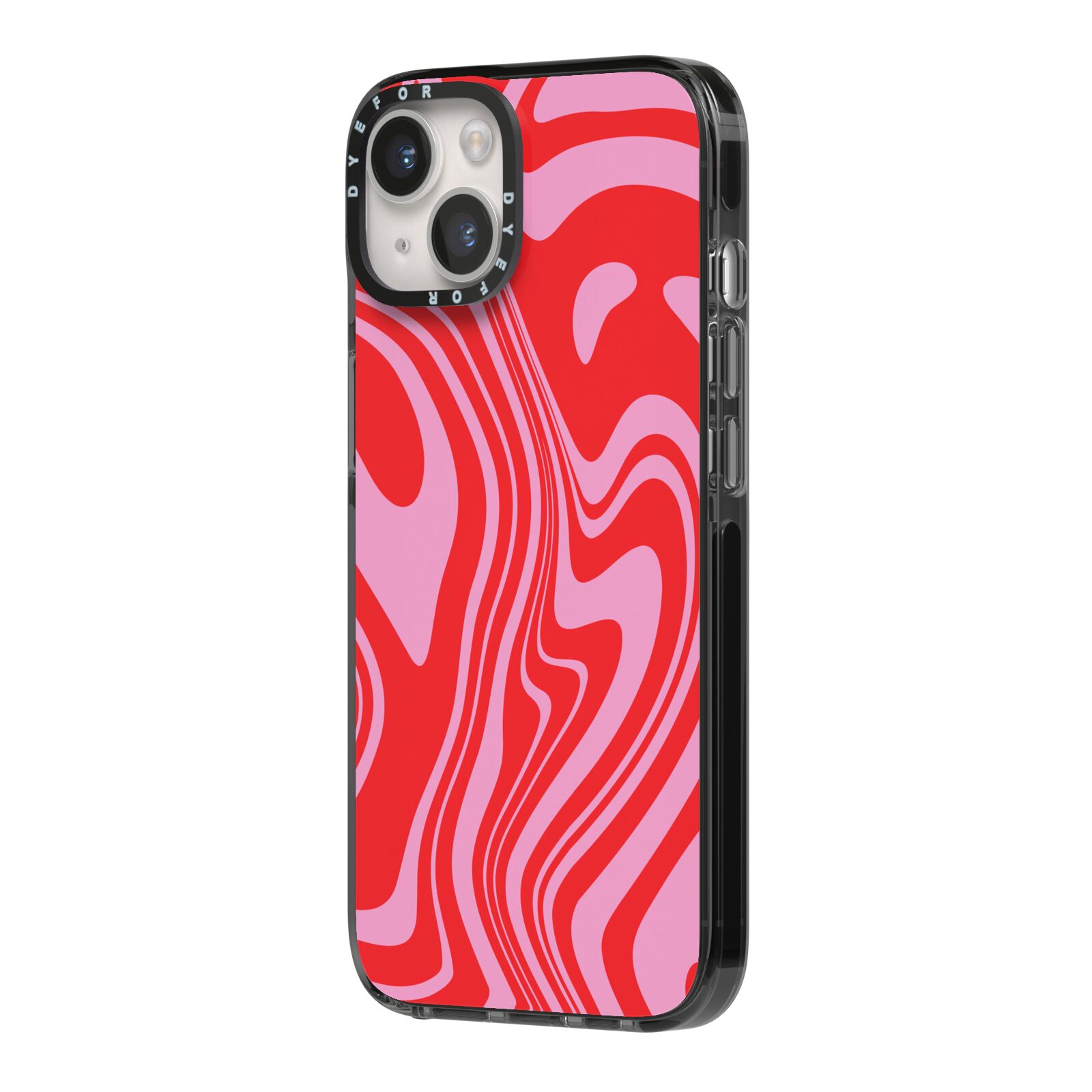 Red Swirl iPhone 14 Black Impact Case Side Angle on Silver phone