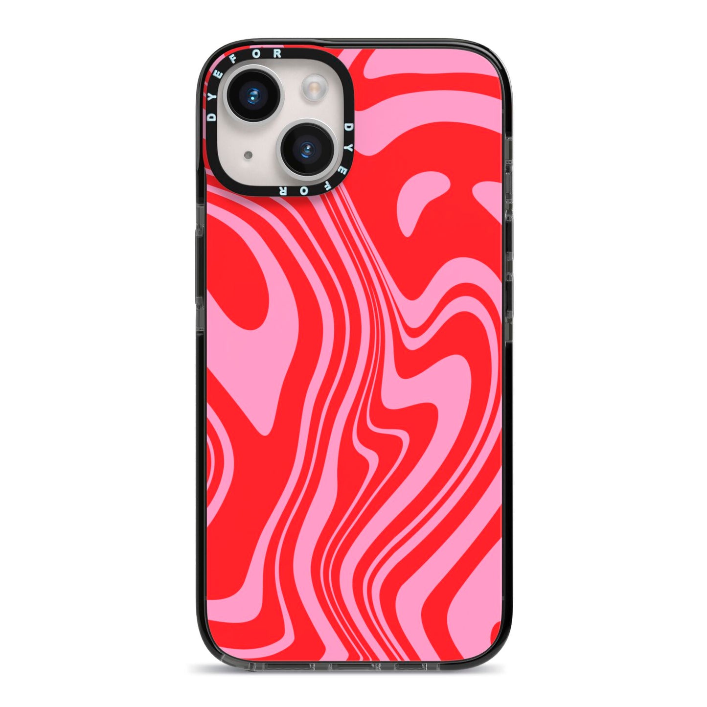 Red Swirl iPhone 14 Black Impact Case on Silver phone