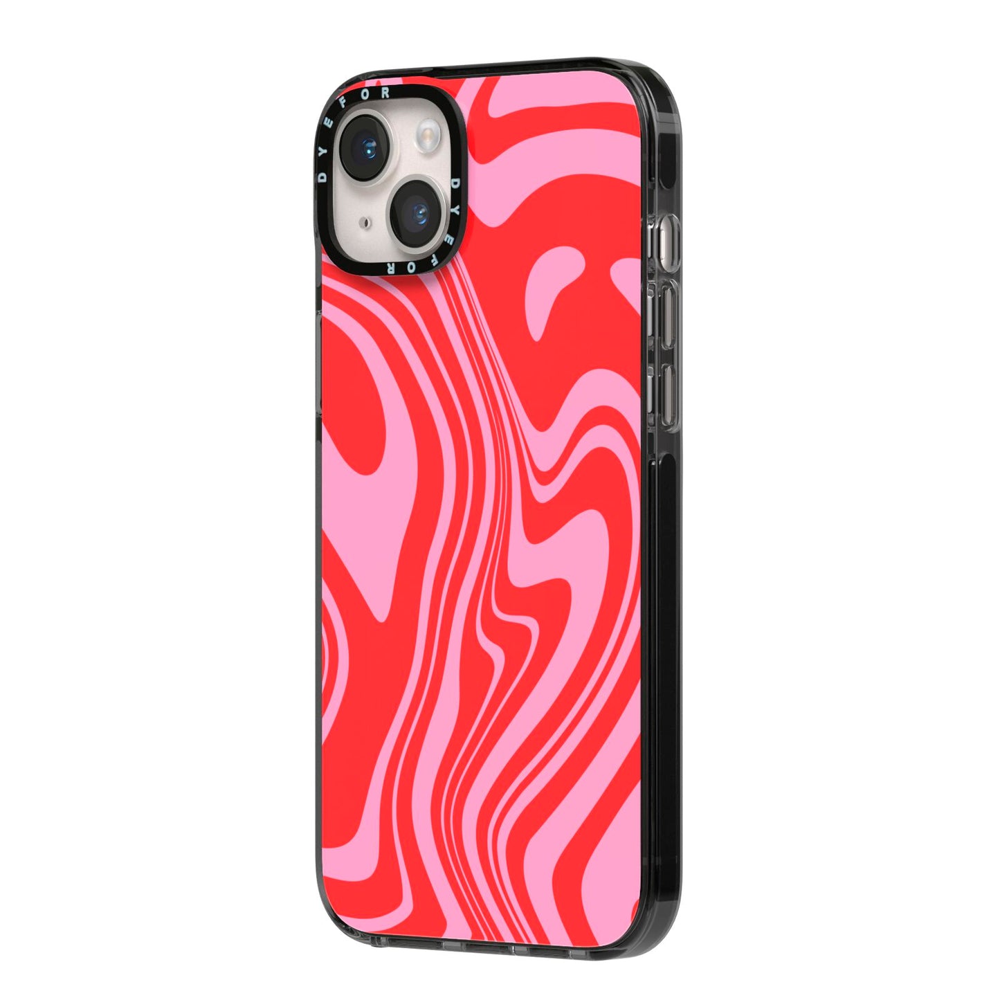 Red Swirl iPhone 14 Plus Black Impact Case Side Angle on Silver phone