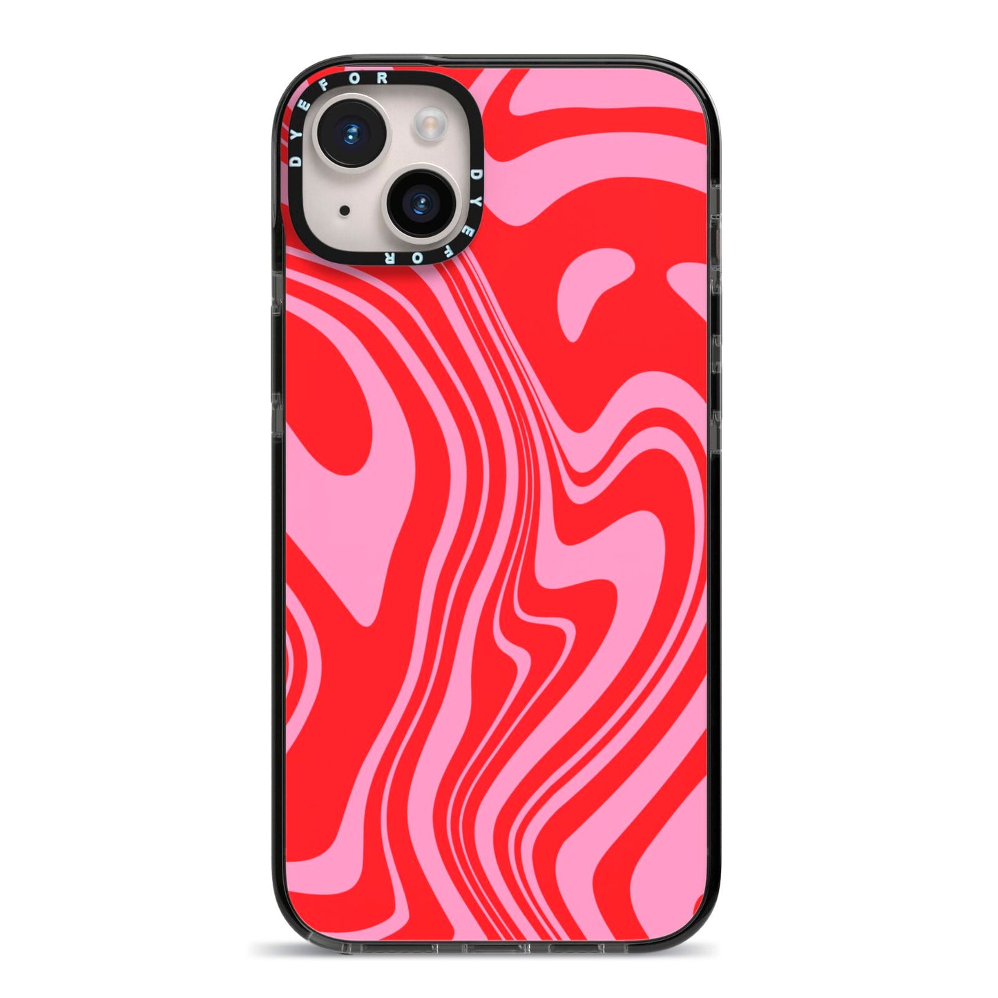 Red Swirl iPhone 14 Plus Black Impact Case on Silver phone