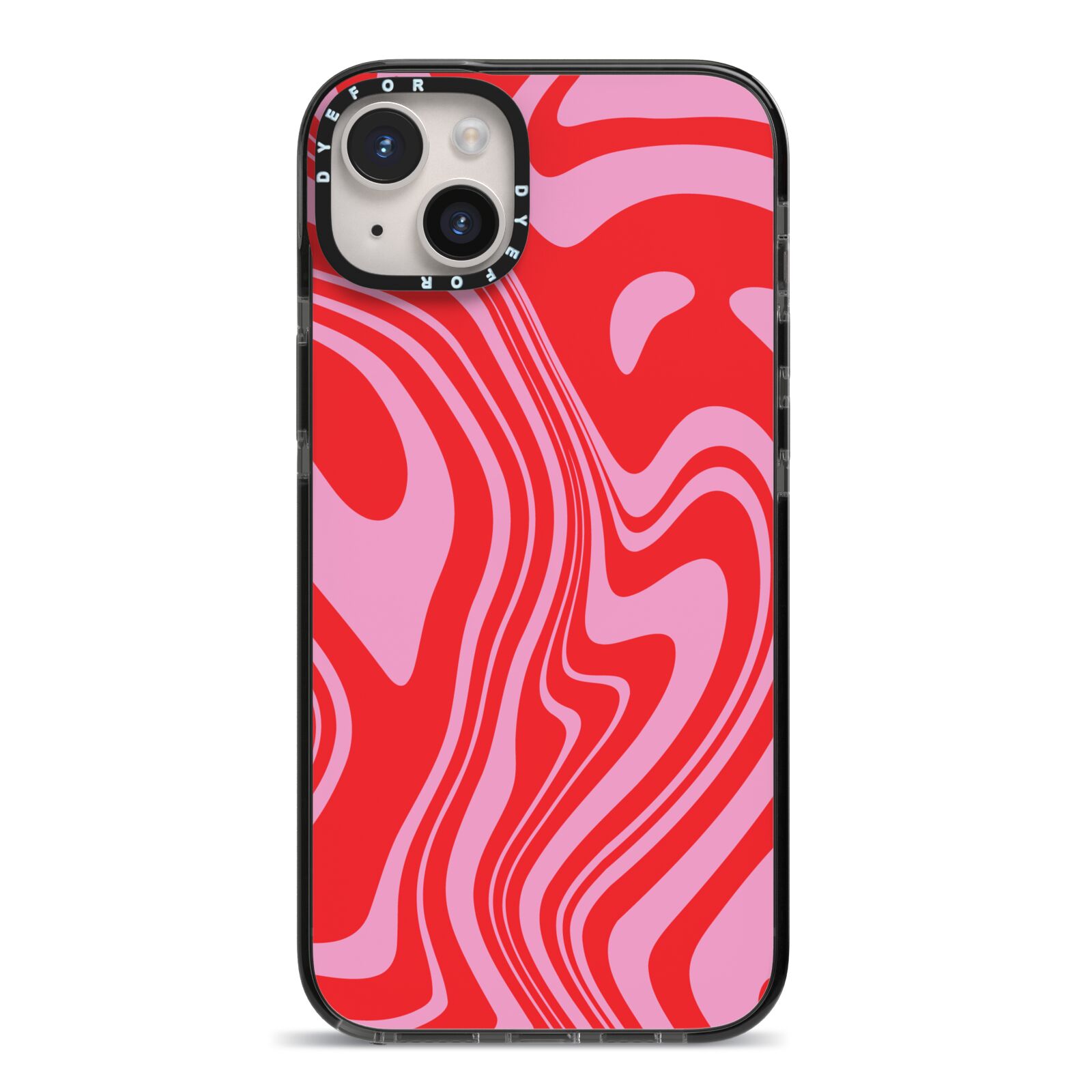 Red Swirl iPhone 14 Plus Black Impact Case on Silver phone