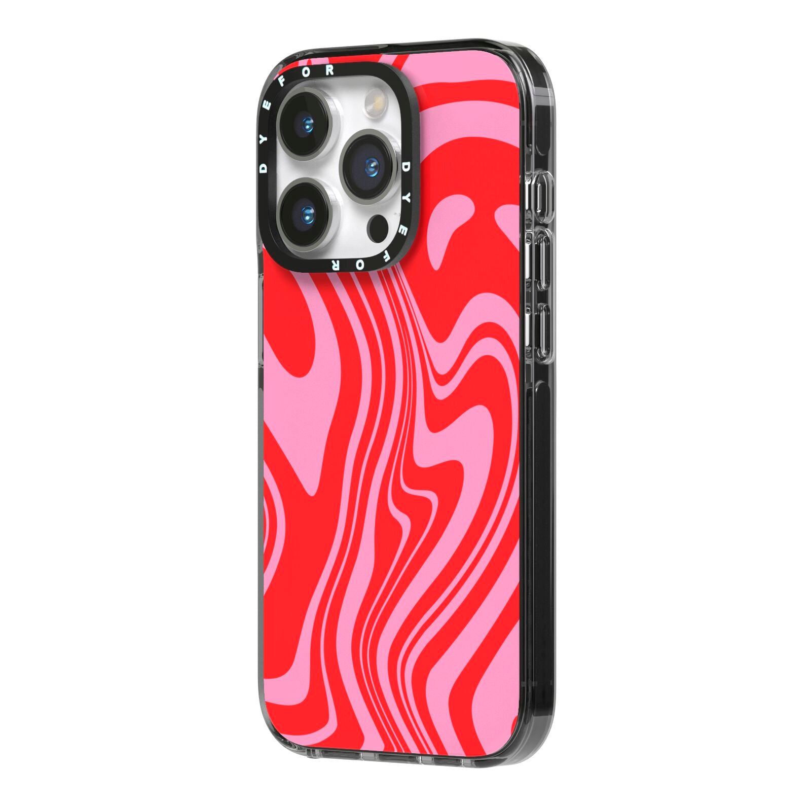 Red Swirl iPhone 14 Pro Black Impact Case Side Angle on Silver phone