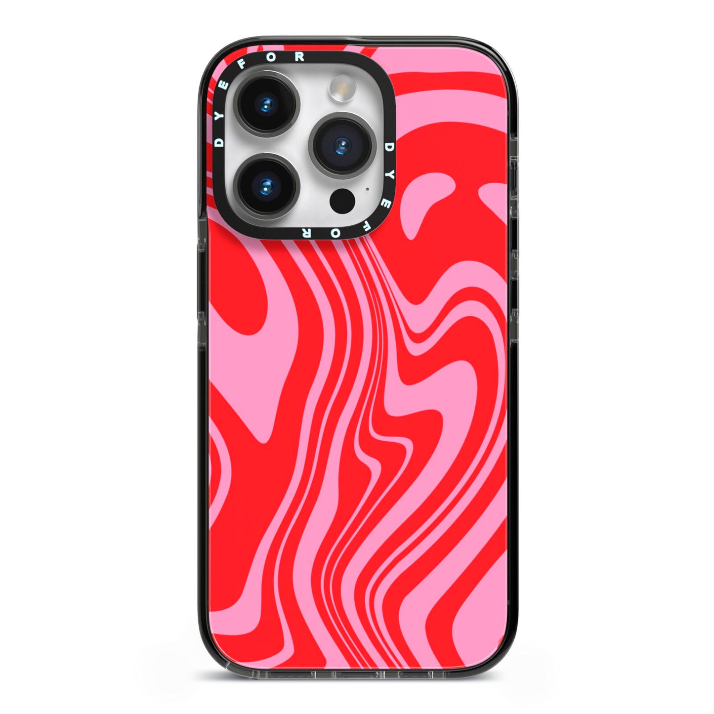 Red Swirl iPhone 14 Pro Black Impact Case on Silver phone