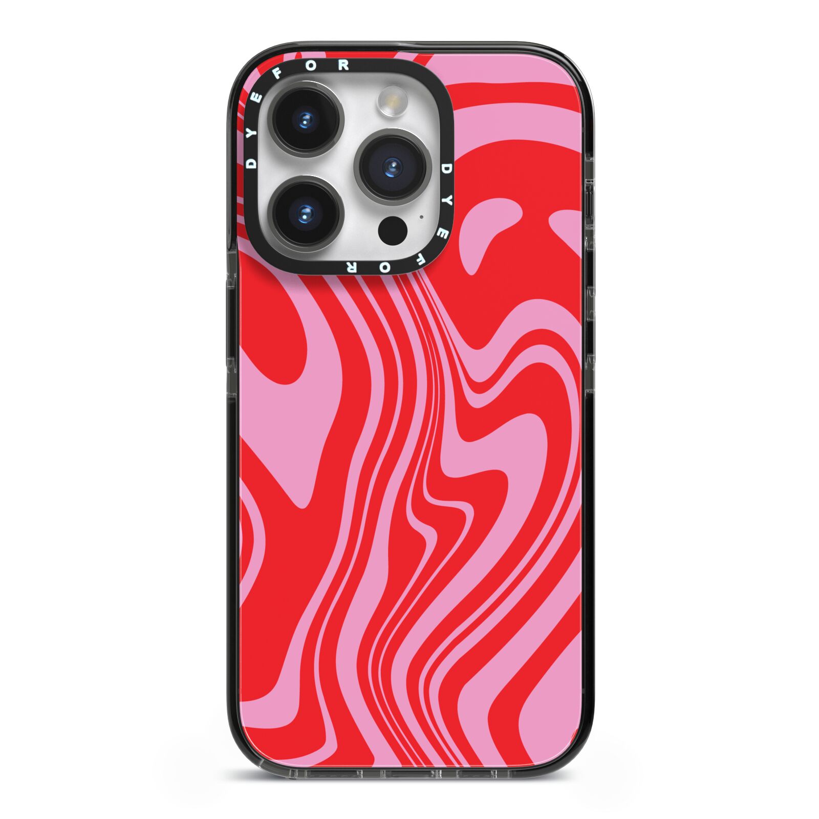 Red Swirl iPhone 14 Pro Black Impact Case on Silver phone