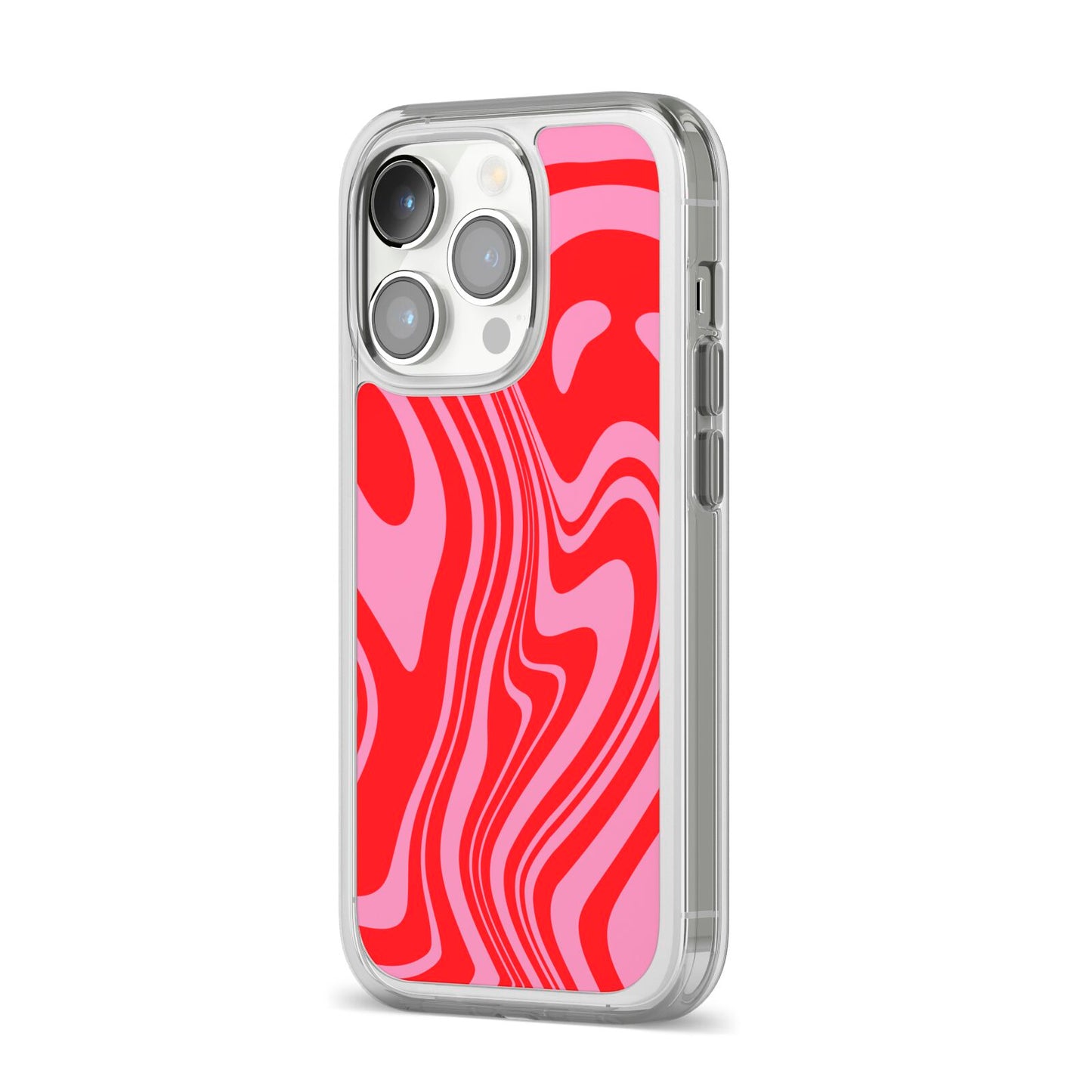 Red Swirl iPhone 14 Pro Clear Tough Case Silver Angled Image