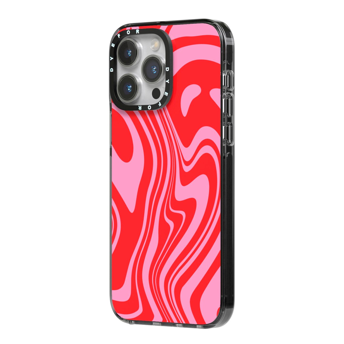 Red Swirl iPhone 14 Pro Max Black Impact Case Side Angle on Silver phone