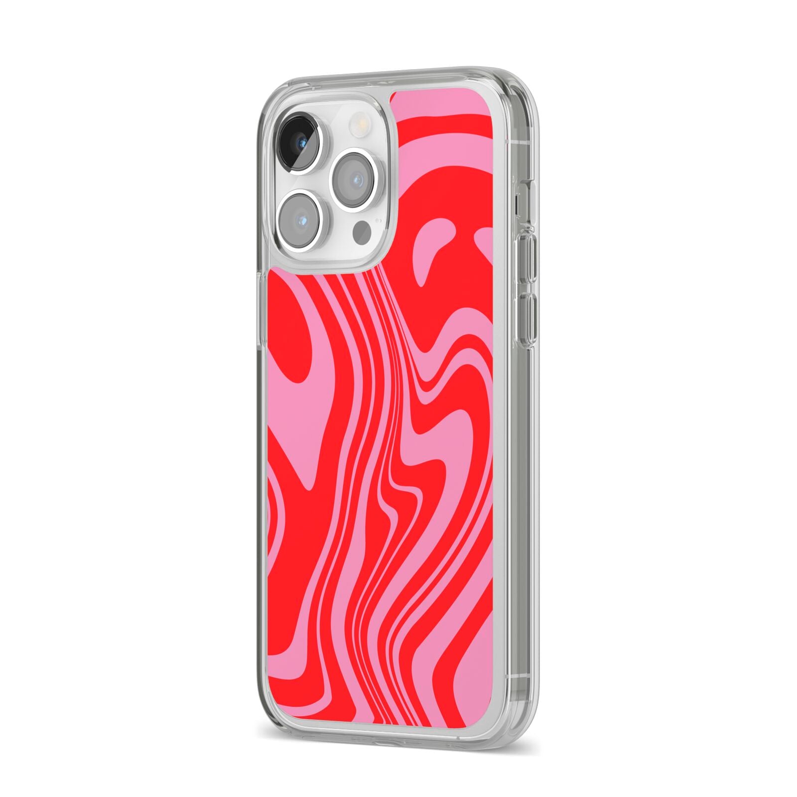 Red Swirl iPhone 14 Pro Max Clear Tough Case Silver Angled Image