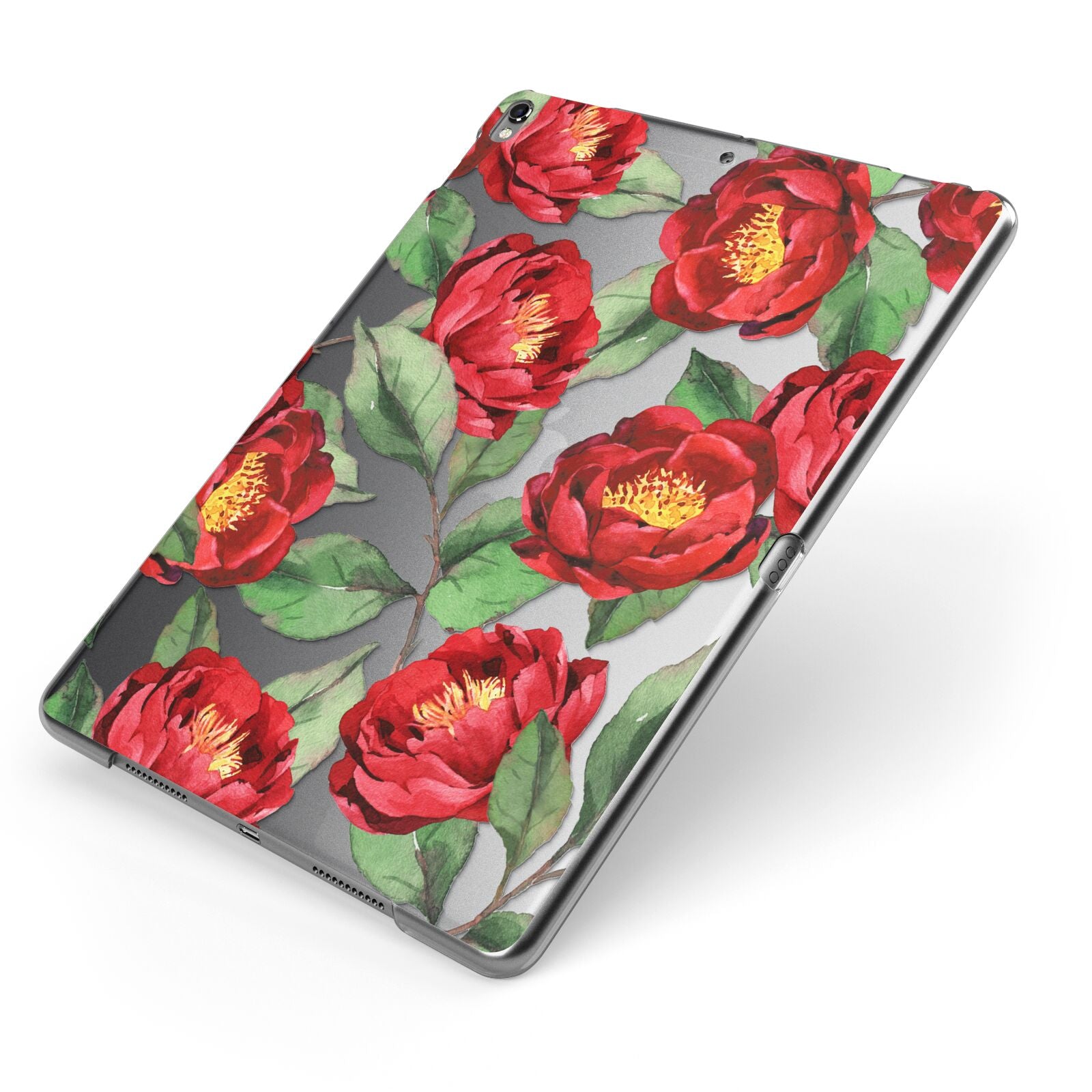 Red Watercolour Flowers Apple iPad Case on Grey iPad Side View