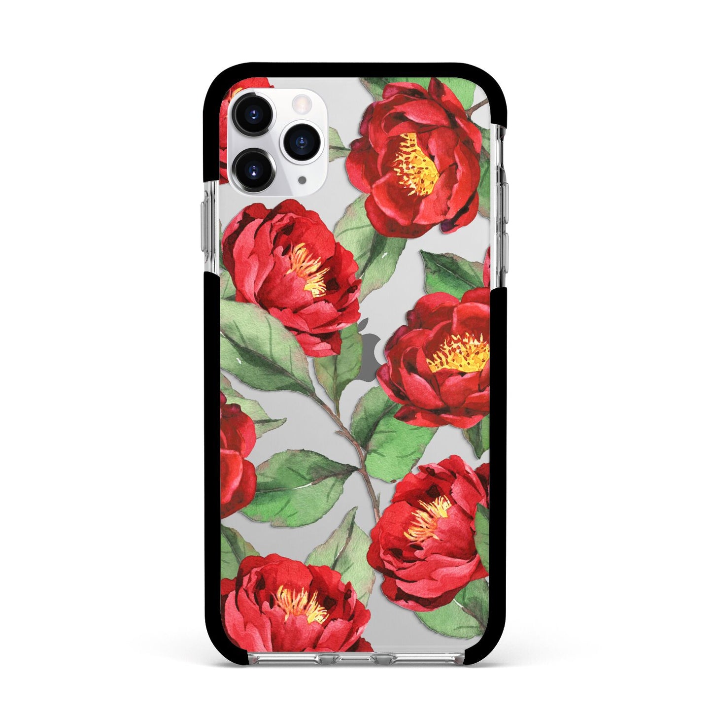 Red Watercolour Flowers Apple iPhone 11 Pro Max in Silver with Black Impact Case