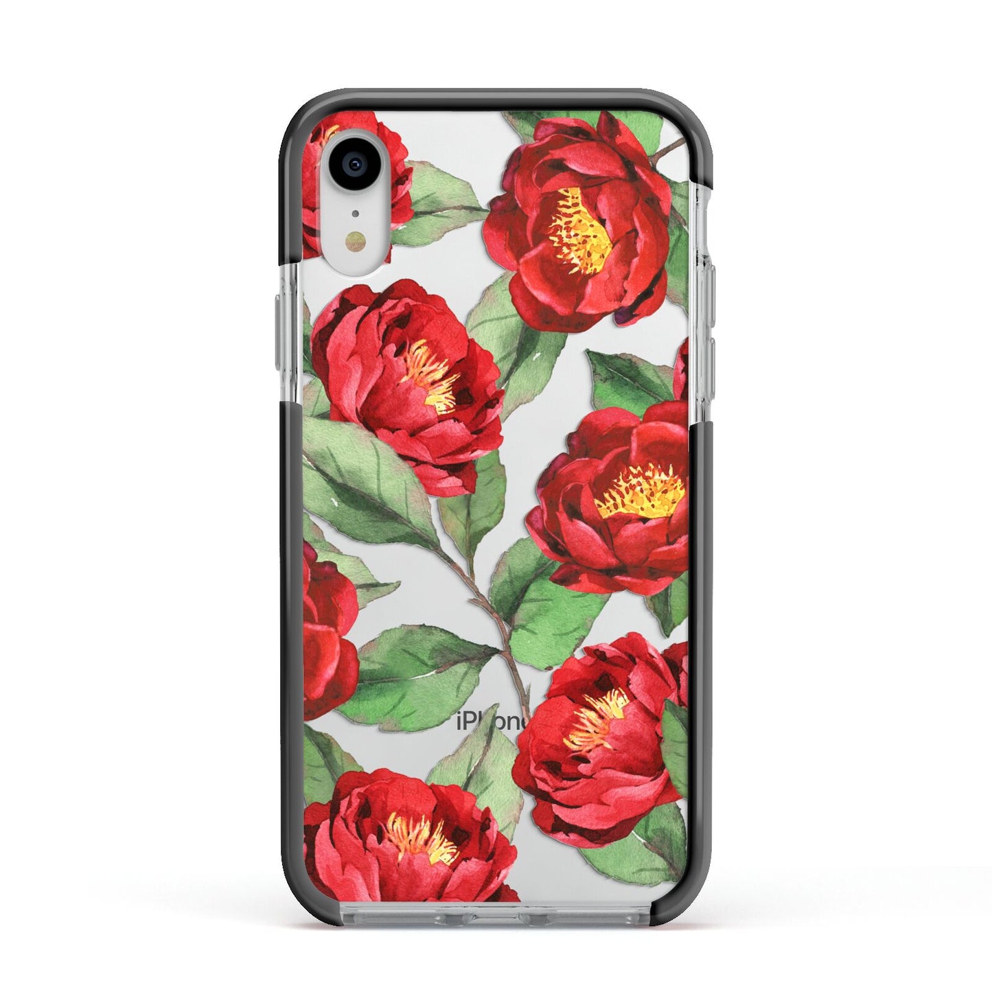 Red Watercolour Flowers Apple iPhone XR Impact Case Black Edge on Silver Phone