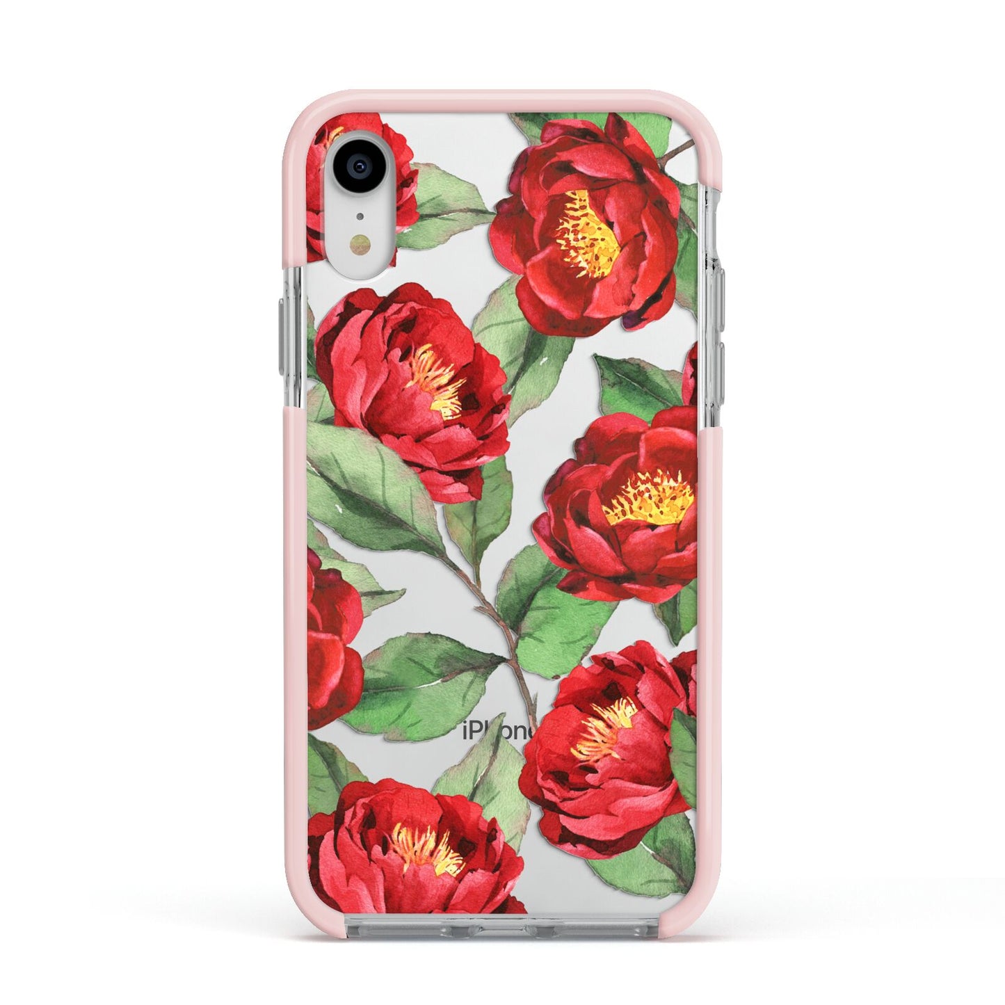 Red Watercolour Flowers Apple iPhone XR Impact Case Pink Edge on Silver Phone