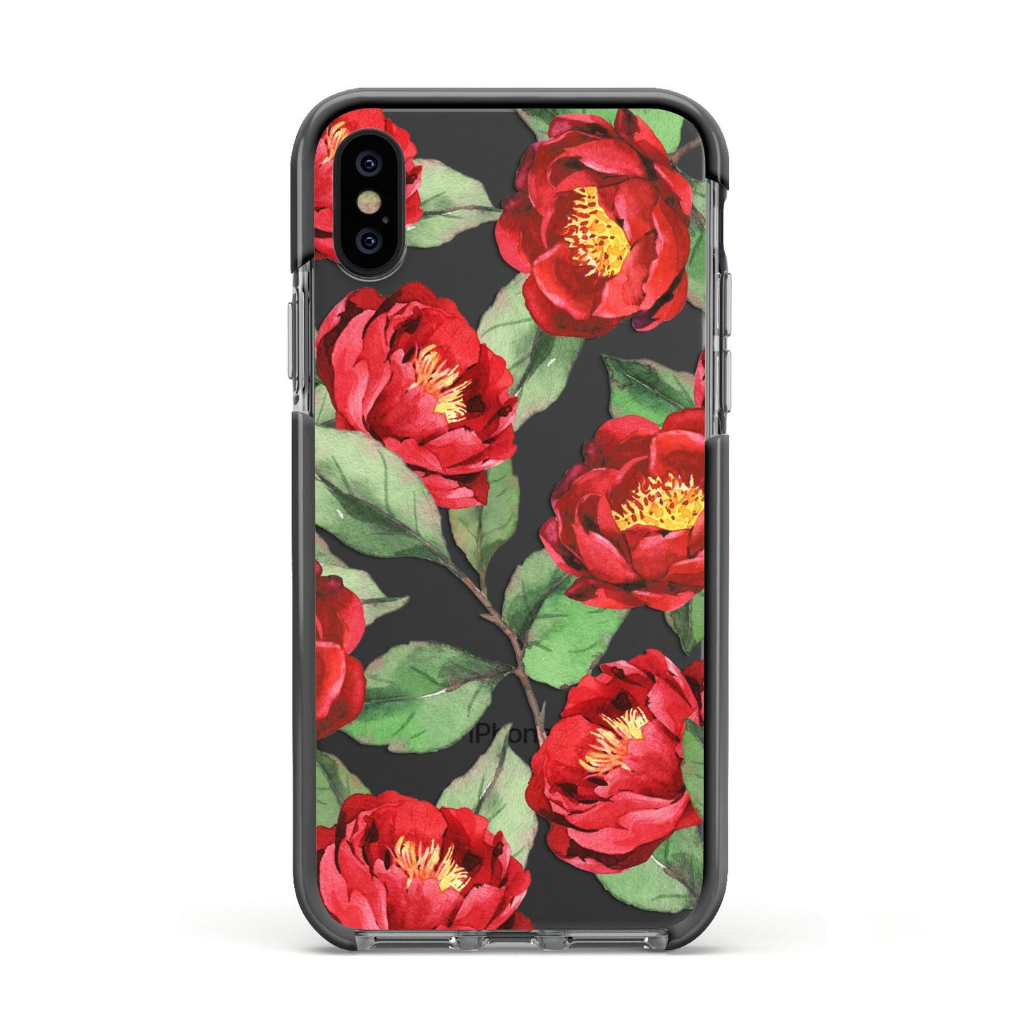 Red Watercolour Flowers Apple iPhone Xs Impact Case Black Edge on Black Phone