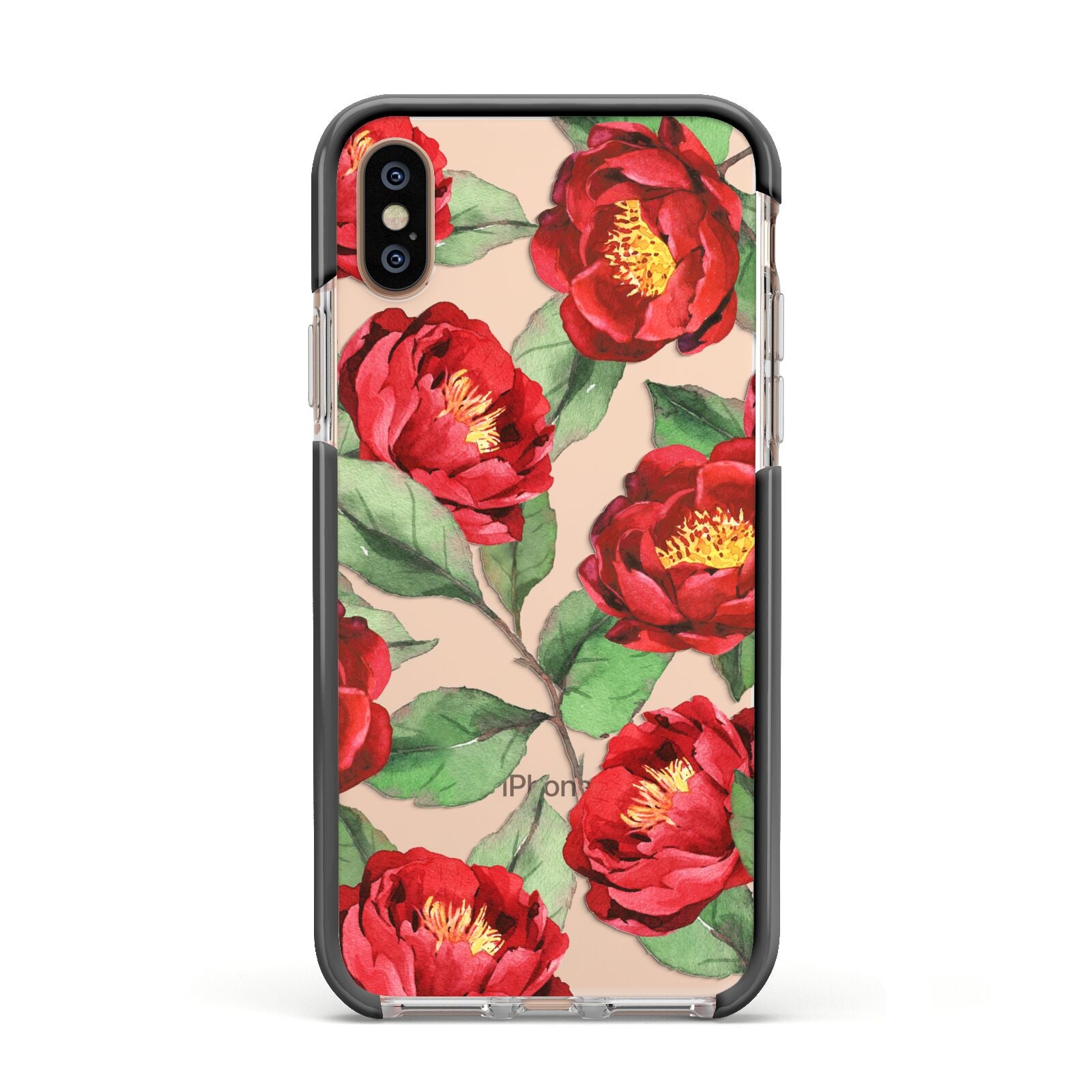 Red Watercolour Flowers Apple iPhone Xs Impact Case Black Edge on Gold Phone