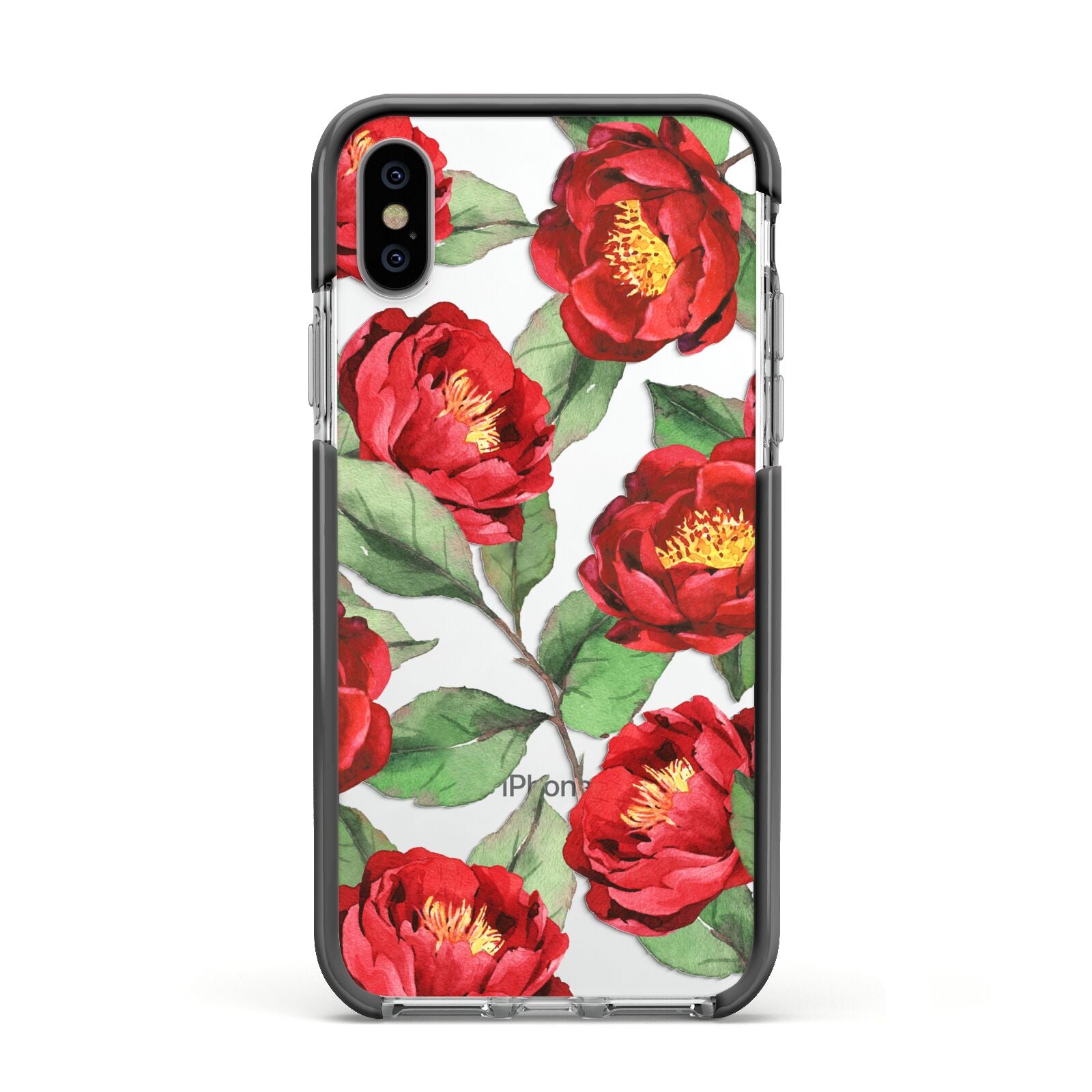 Red Watercolour Flowers Apple iPhone Xs Impact Case Black Edge on Silver Phone