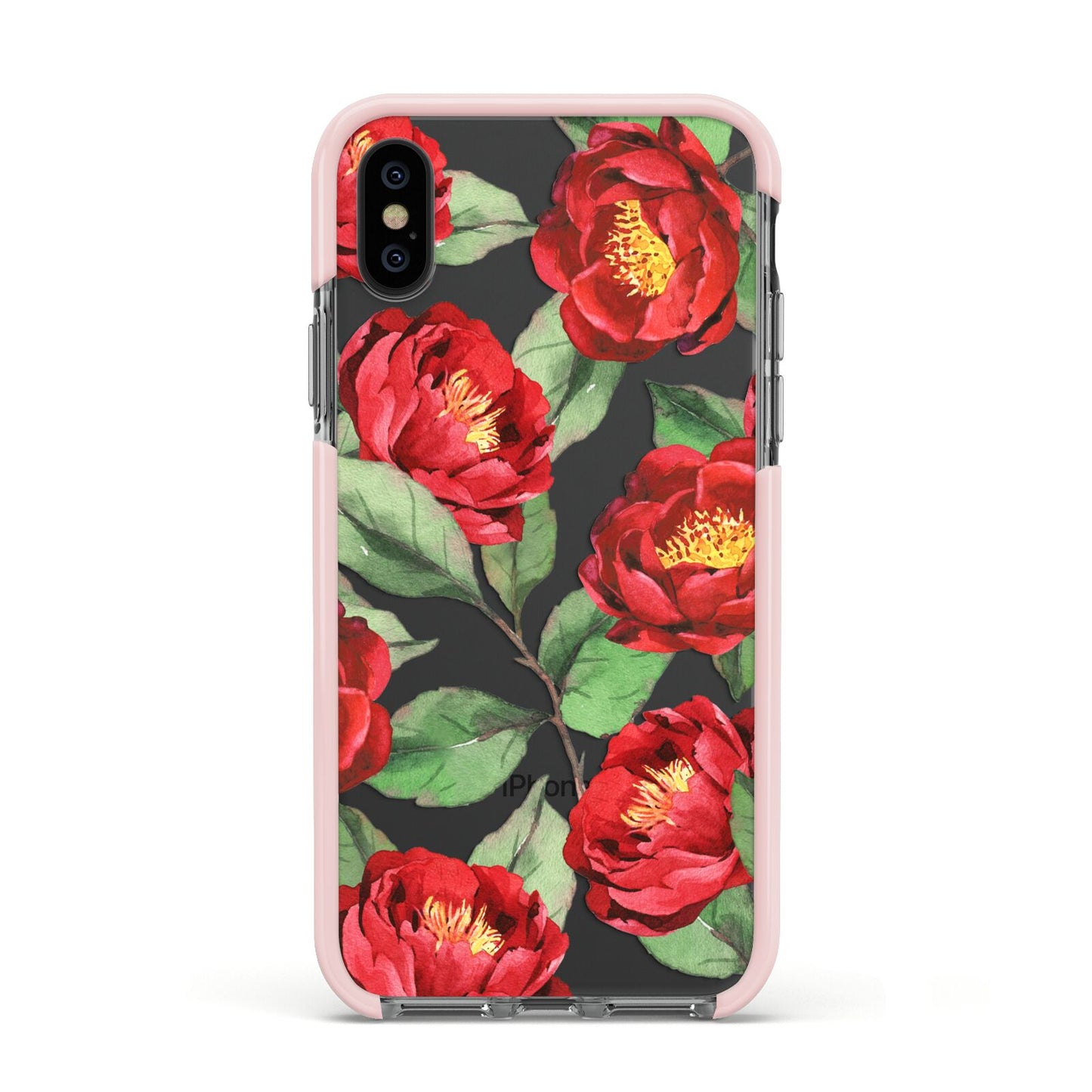 Red Watercolour Flowers Apple iPhone Xs Impact Case Pink Edge on Black Phone