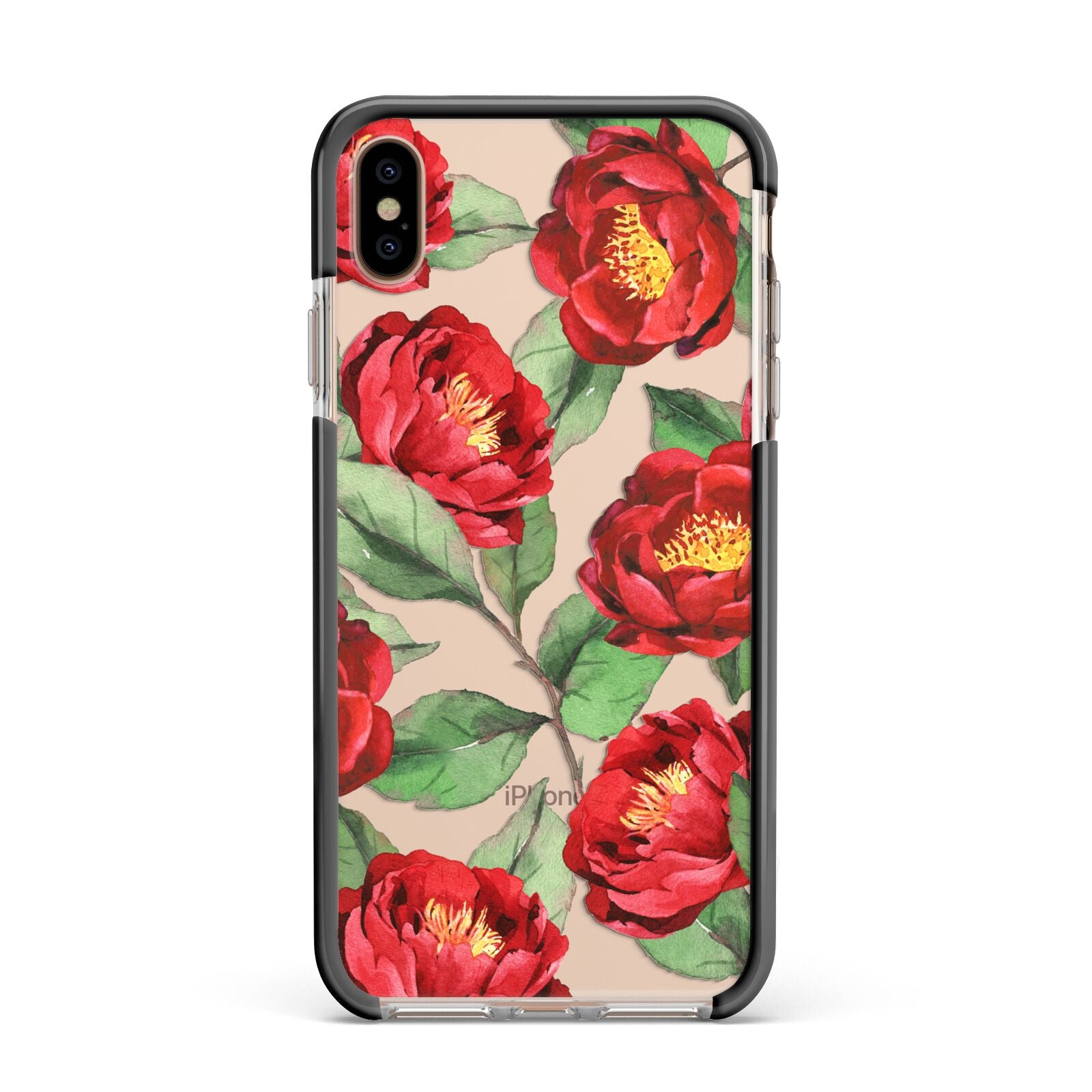 Red Watercolour Flowers Apple iPhone Xs Max Impact Case Black Edge on Gold Phone