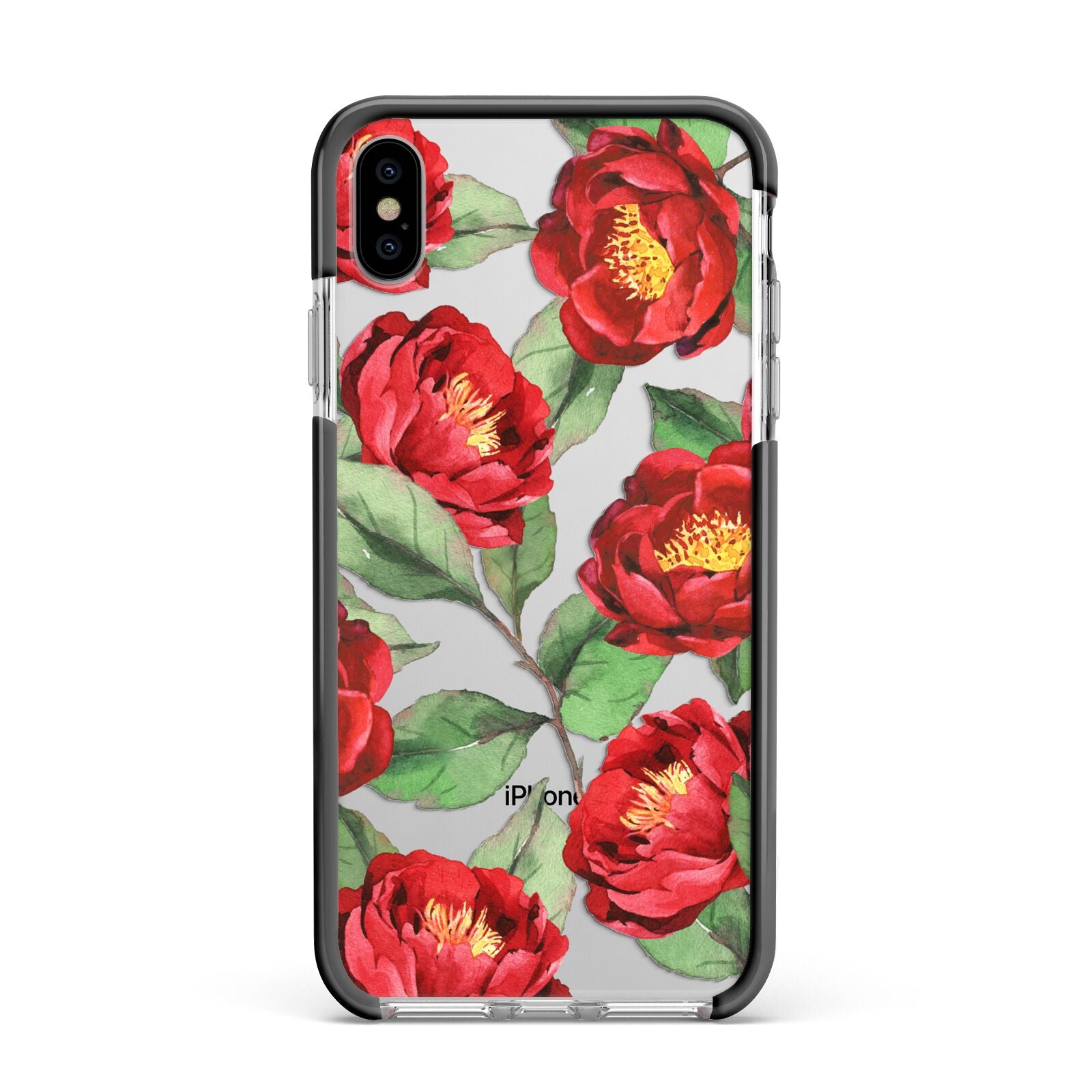 Red Watercolour Flowers Apple iPhone Xs Max Impact Case Black Edge on Silver Phone