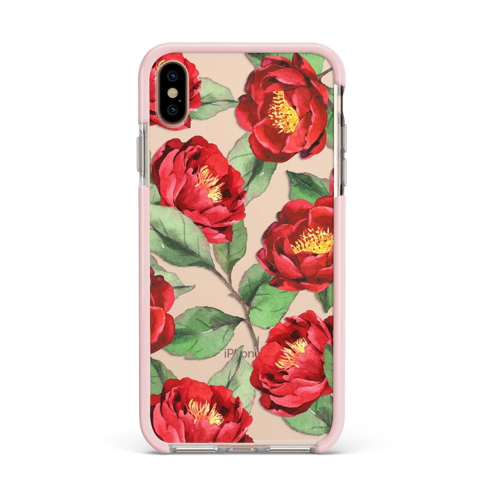 Red Watercolour Flowers Apple iPhone Xs Max Impact Case Pink Edge on Gold Phone