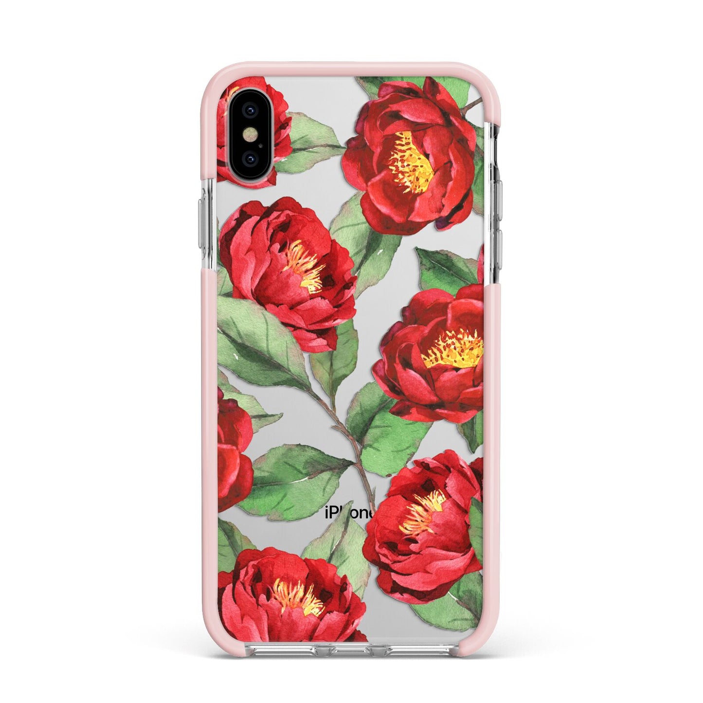 Red Watercolour Flowers Apple iPhone Xs Max Impact Case Pink Edge on Silver Phone