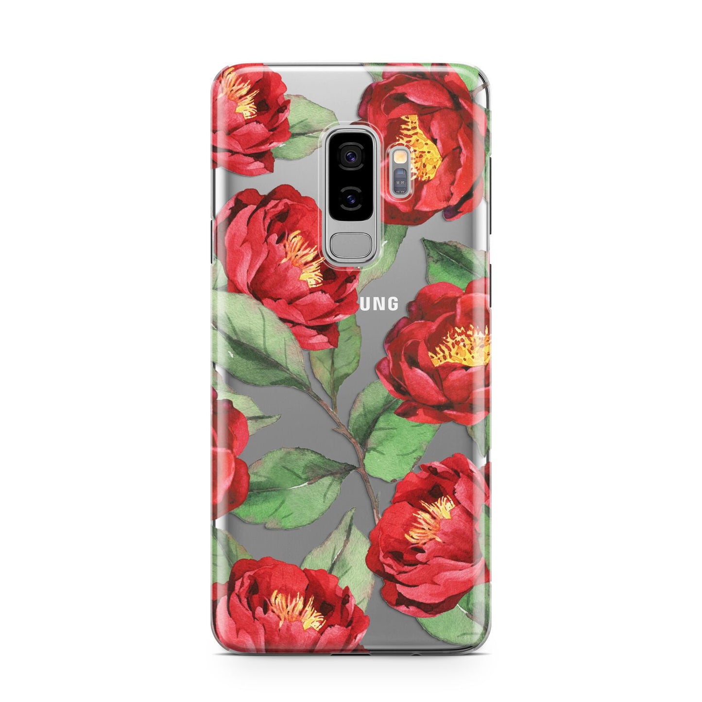 Red Watercolour Flowers Samsung Galaxy S9 Plus Case on Silver phone