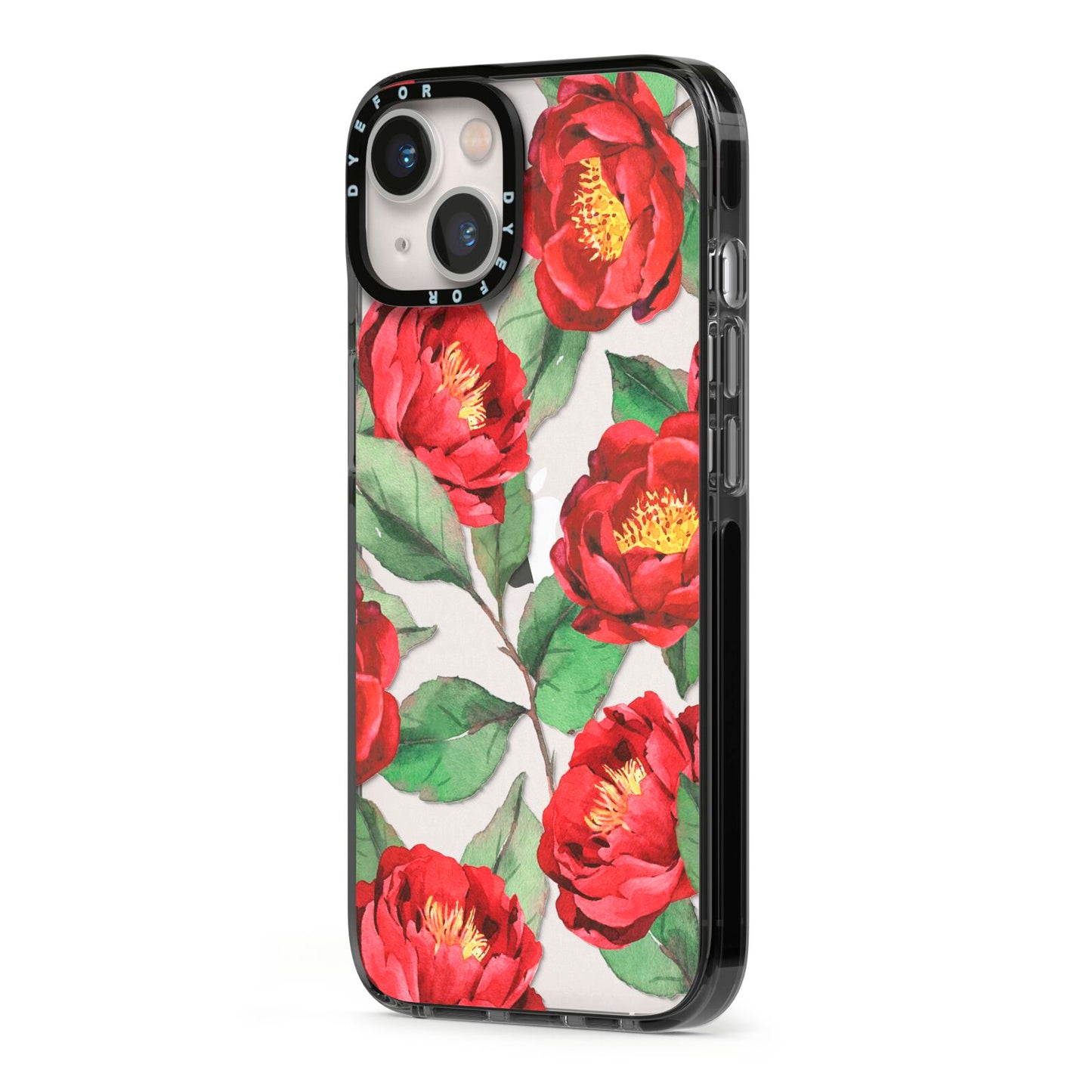 Red Watercolour Flowers iPhone 13 Black Impact Case Side Angle on Silver phone