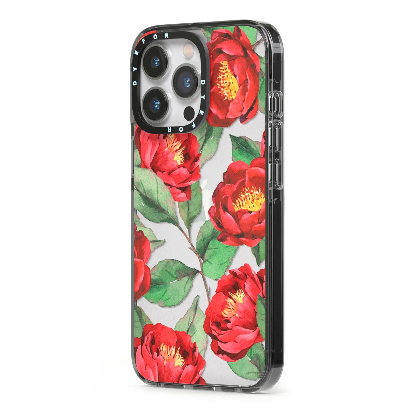 Red Watercolour Flowers iPhone 13 Pro Black Impact Case Side Angle on Silver phone