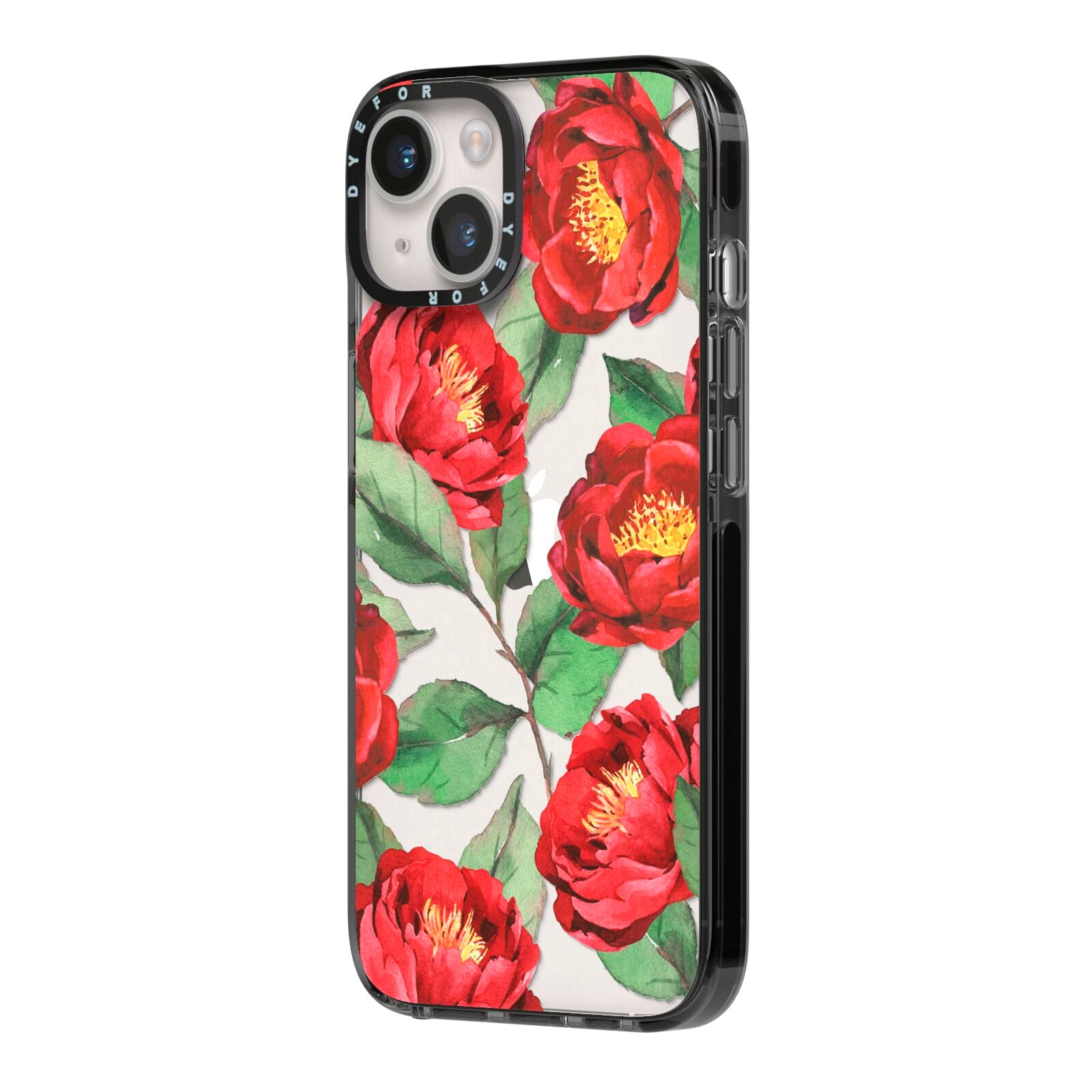 Red Watercolour Flowers iPhone 14 Black Impact Case Side Angle on Silver phone